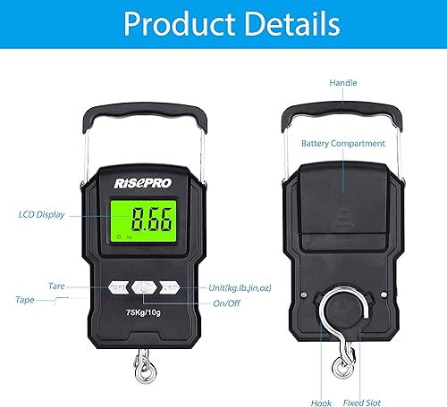 Miniatura 3 de RISEPRO Balanza digital de peces de 165.3 lbs165 libras con regla de 39 pulgadas, balanza electrónica de equipaje para pescar, gancho colgante