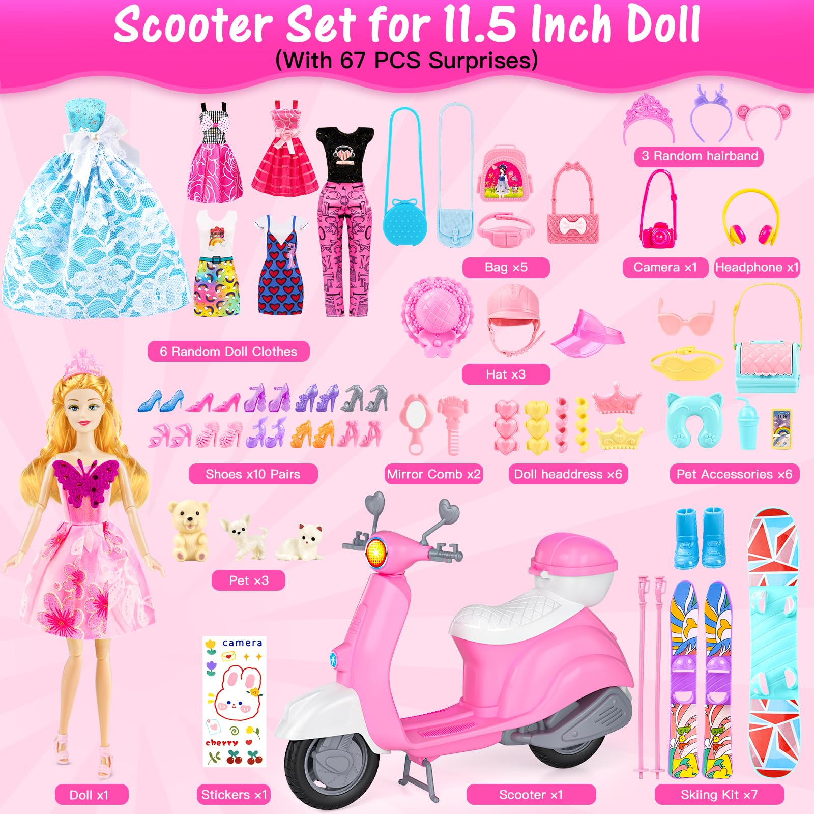 Glisiol 67PCS Doll & Toy Scooter, Travel Playset with 11.5 Inch Doll,Scooter,Skiing Kit,Dress,Casual Clothing,Pantsuit,Pet Set,Shoes,Doll Accessories and Sticker,Doll Dress up Toys for Girl Kid Gifts