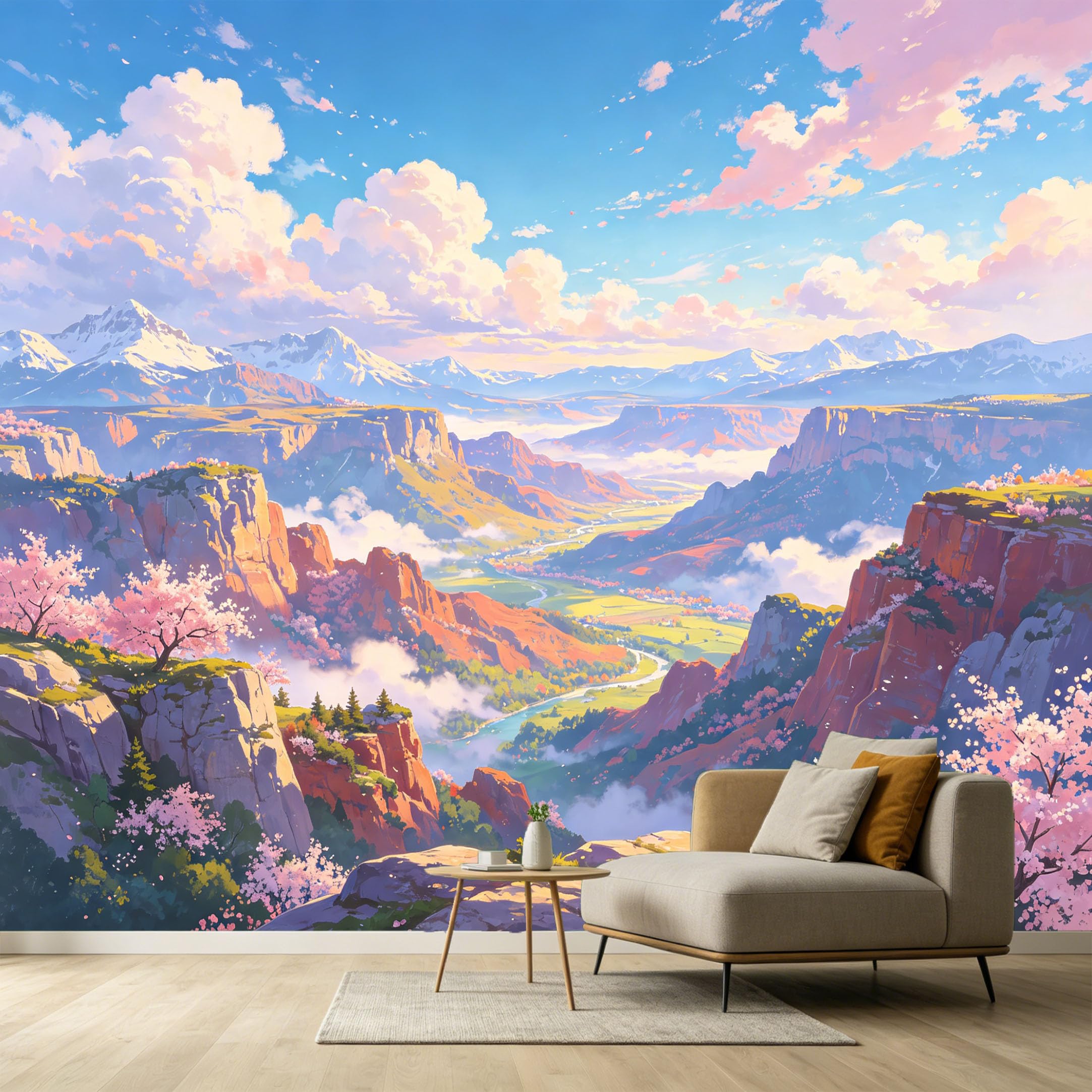 Custom Size Wall Murals Mountain Valley Landscape Watercolor Pink Cherry Blossoms Peaks Clouds SelfAdhesive Wall Fabric Removable Large Wallpaper for Photo Living Room