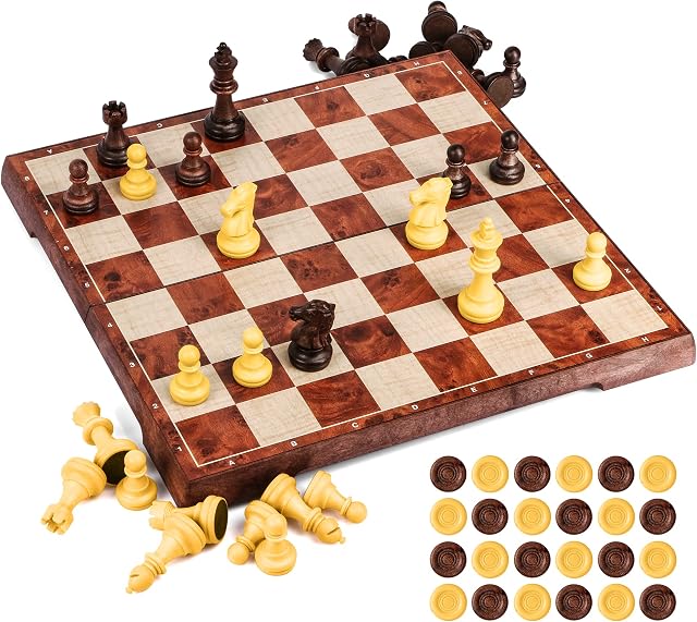 UNEEDE Magnetic Chess Board Set 31.2CM x 31.2CM Wooden color 2 in 1 Chess & Checkers Game Set with Portable Folding Board,Draughts chess sets Design for Kids and Adults