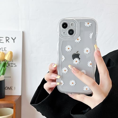 ZTOFERA Funda compatible con iPhone 15, marco único ondulado rizado con patrón de margaritas, silicona líquida suave, antihuellas, a prueba de