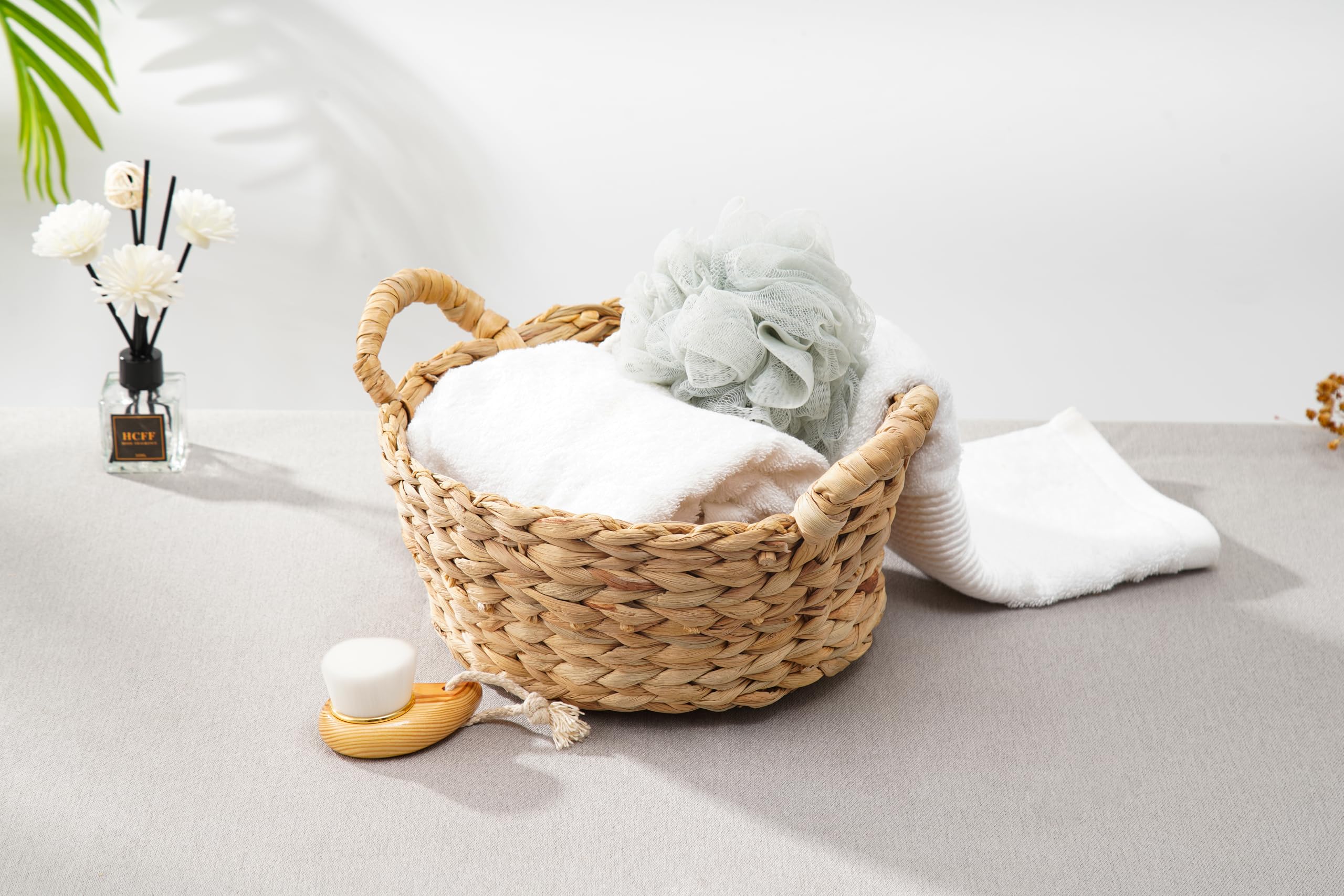 ECHTWERK Corbeille de rangement en jacinthe d'eau, Ronde, 30 x 24 x 16 cm, coloris naturel, panier tressé avec poignées pour salle de bain, bureau & salon