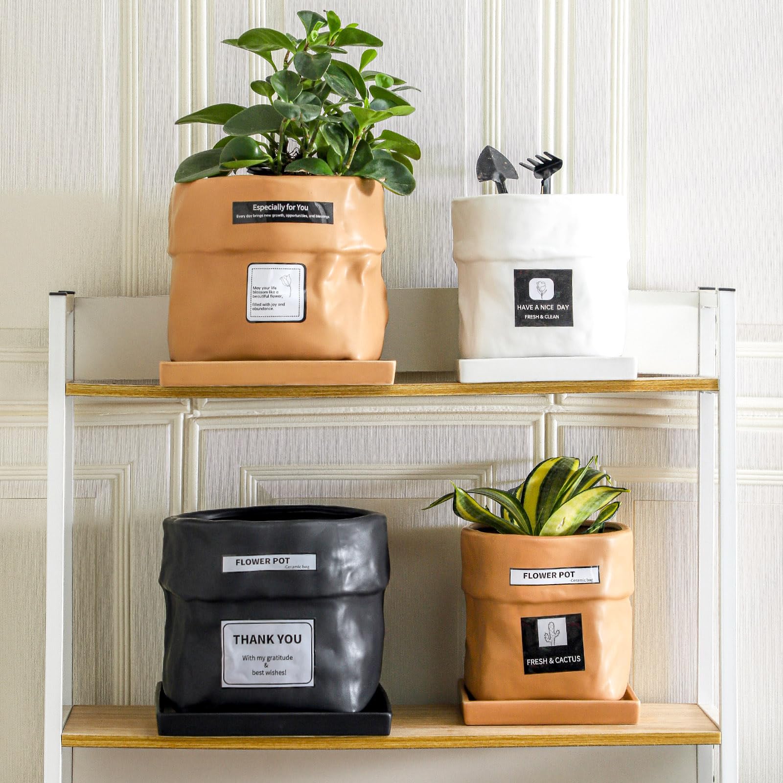 Nihow Keramik-Blumentopf: 20,3 cm Übertopf mit Drainageloch & quadratischer Untersetzer für Kräuter/Pflanzen, Taschenform-Design, Blumentopf für Innen- und Außenbereich, Gartendekoration, Terrakota