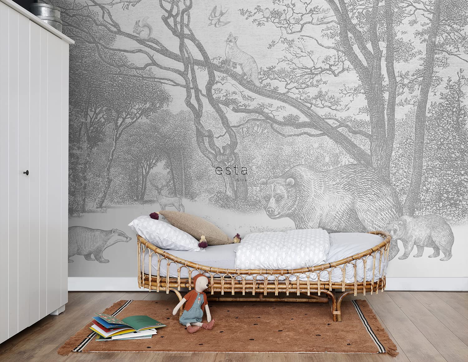 ESTAhome fototapeta las ze zwierzętami leśnymi szarym 350 x 279 cm