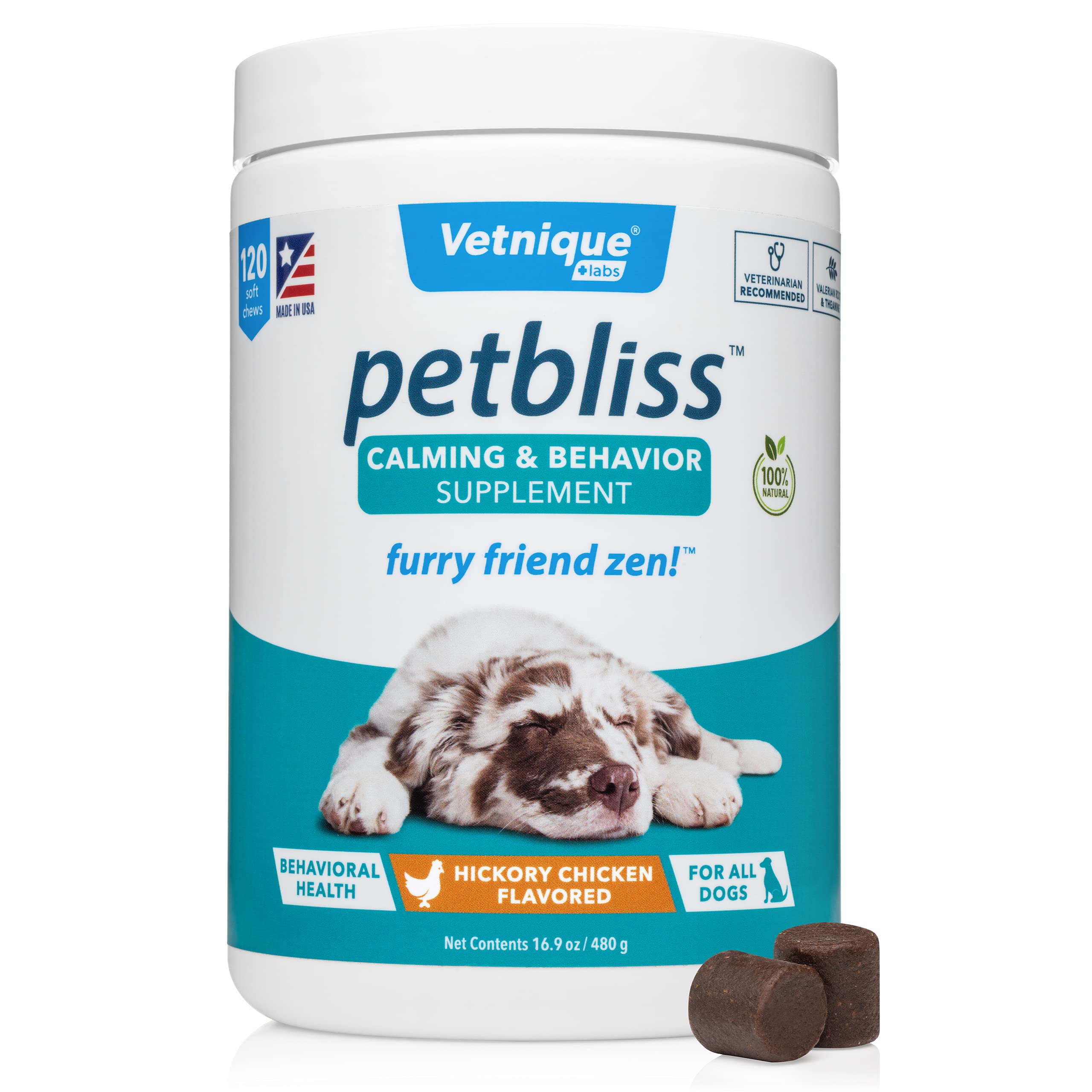 Petbliss Calming & Behavior Supplement for Dogs with Valerian Root & Chamomile to Support Anxiety and Promote Stress Relief, Calming Treats for Dogs - Furry Friend Zen - Hickory Chicken (120-count)