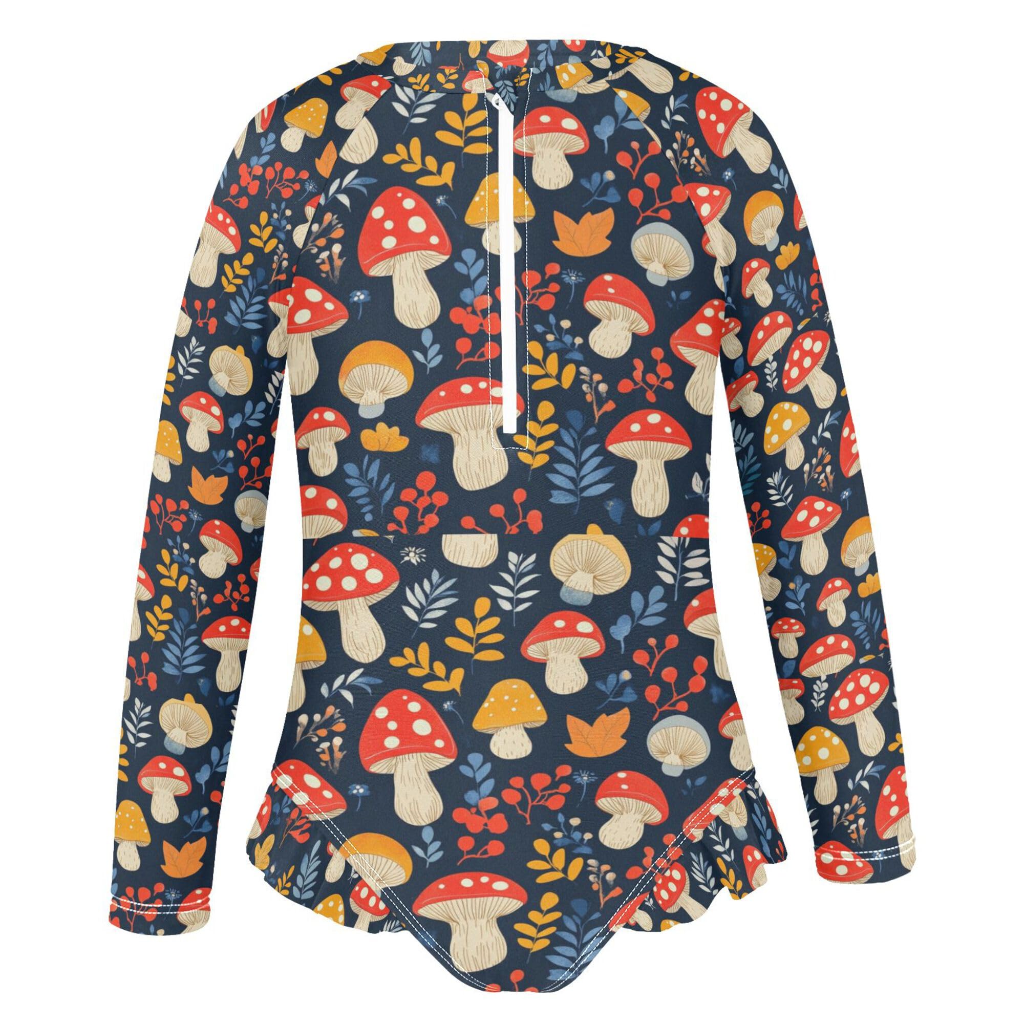 Mushroom Leaf Navy Blue Kids Swimsuits 1-Piece UV Protection Baby Girls Bikini Swimsuit Set Swimming Suits for Funny Presents 11-12Y