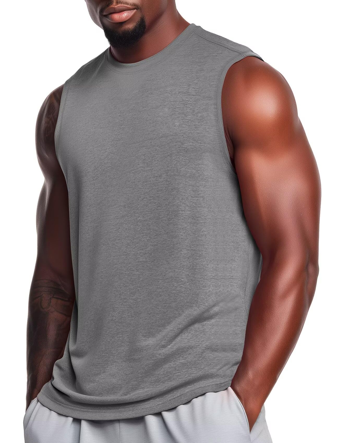 Zengjo Mens Sleeveless Sports T Shirts Moisture Wicking Vest Tops for Men, Heather Grey, XXL