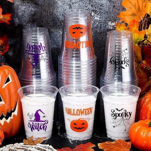 Meanplan 90 vasos de plástico para fiesta de Halloween de 12 onzas desechables transparentes con estampado aterrador para licor, café, jugo y
