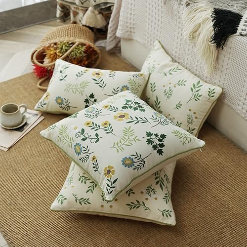 Miniatura 5 de Funda de almohada lumbar de hojas verdes de 12 x 20 pulgadas, funda de almohada con bordado floral bohemio, cuadrada, funda de cojín decorativa para