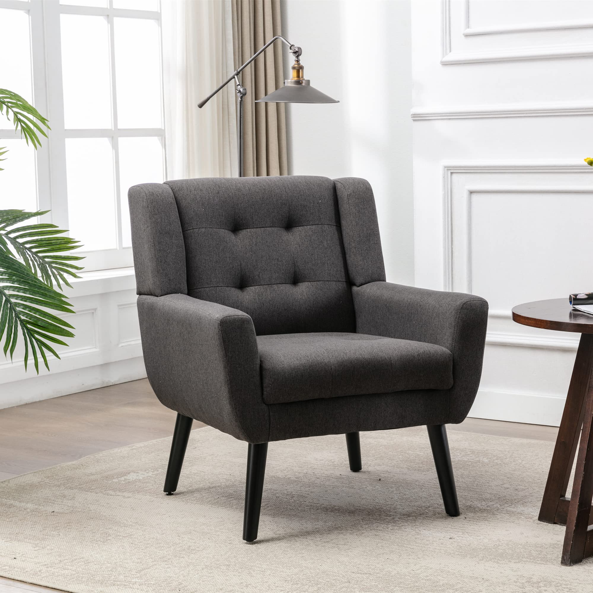 Modern Accent Chair: Ergonomic Linen Blend Home Office Chair - Comfortable Seating for Freelancers & Small Apartments with Black Legs & Button Design