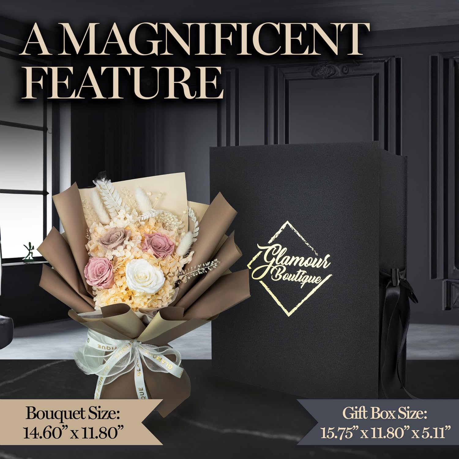 GLAMOUR BOUTIQUE Preserved Flowers Bouquet - Long-Lasting Flowers Forever in a Box with Hydrangeas & More, Gift Ready for Anniversary, Birthday, Mother's Day - Dusty Rose (Color-Treated)