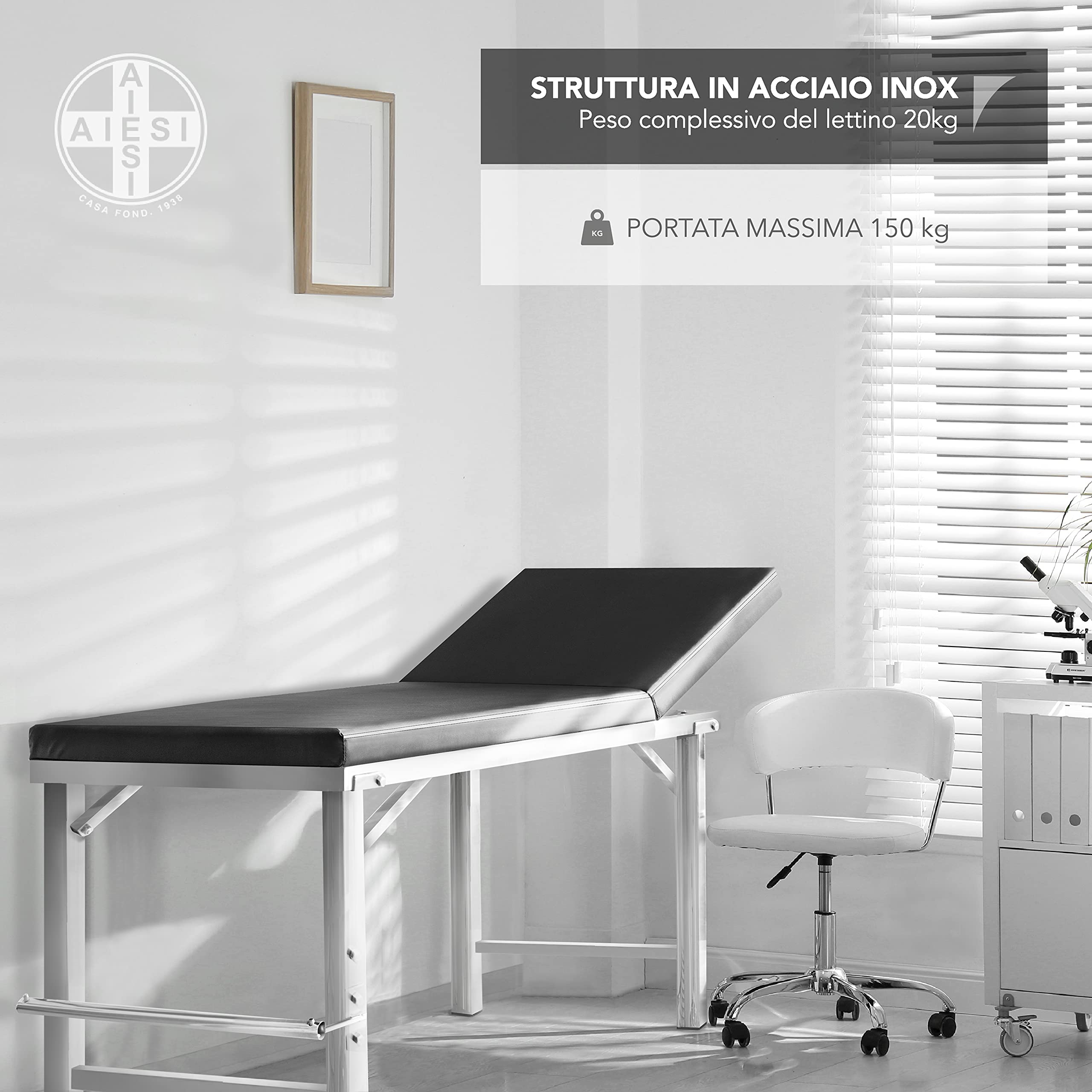 AIESI® Ognioodporny stół do badań lekarskich ze stali nierdzewnej z 1 przegubem, kolor czarny, z uchwytem na rolkę, udźwig 150 kg, 24-miesięczna gwarancja włoska