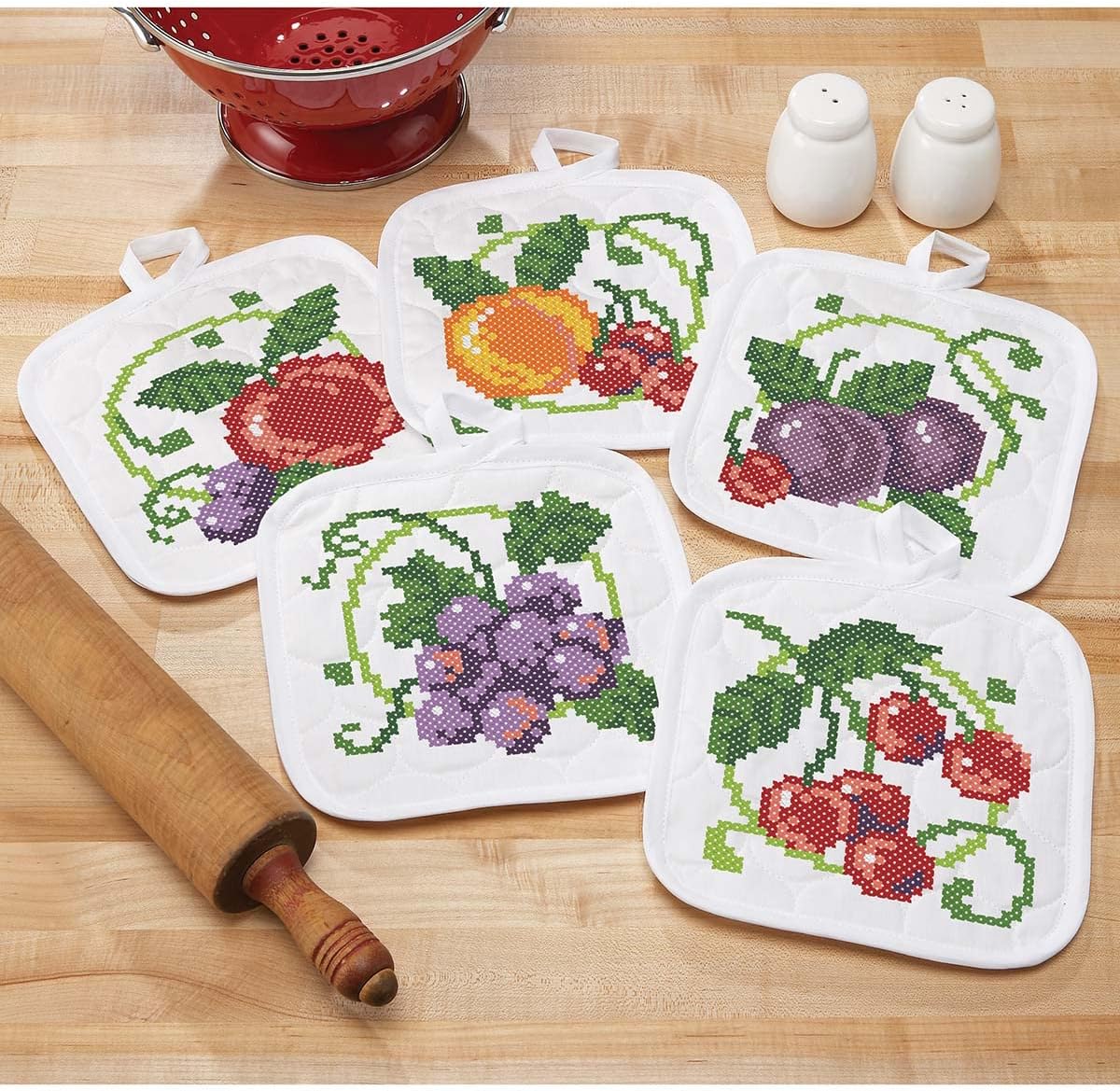 Herrschners Bright Fruit Pre-Quilted Pot Holders Stamped Cross-Stitch