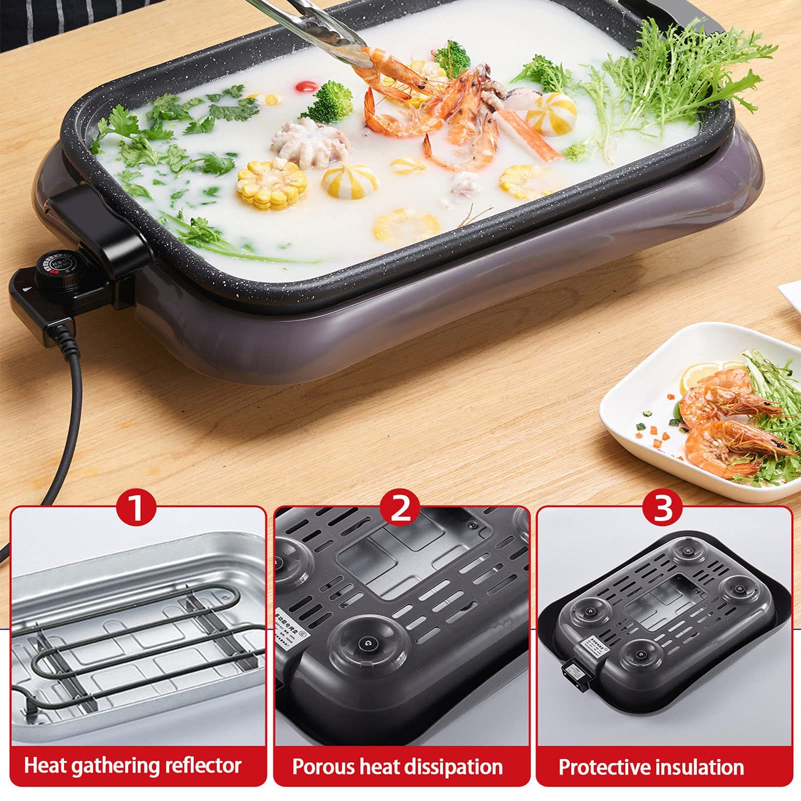 Grill Senza Fumo per Interni, con Coperchio in Vetro Temperato, Piastra Grill per il Controllo Della Temperatura di Balconi Interni, Facile da Pulire, Black