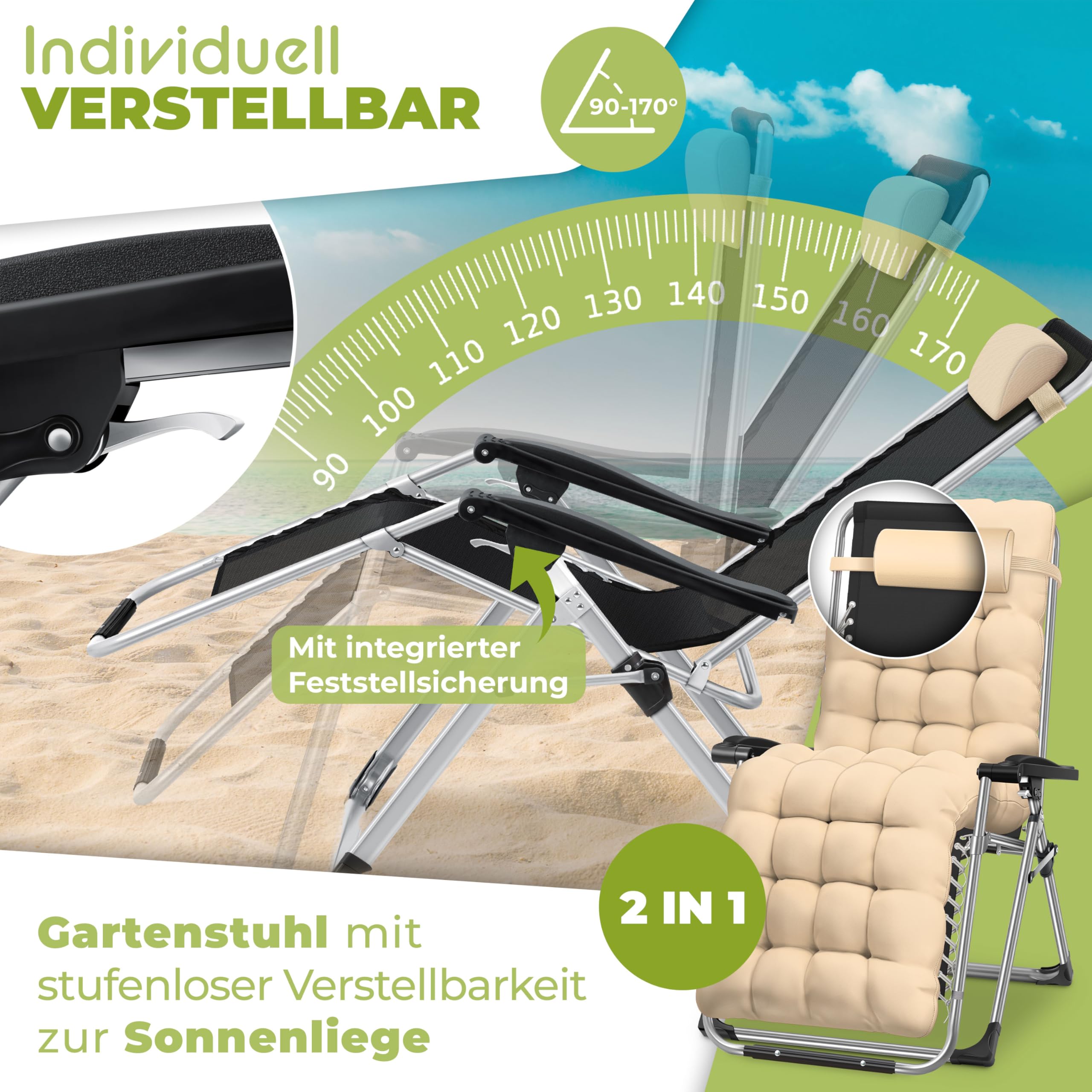 KESSER® Bain de soleil, Chaise longue de jardin, Coussin pour le cou + porte-boisson inc, coussin XXL, capacité 200kg, pliable & résistant aux intempéries, Chaise longue pliante Dossier réglable beige