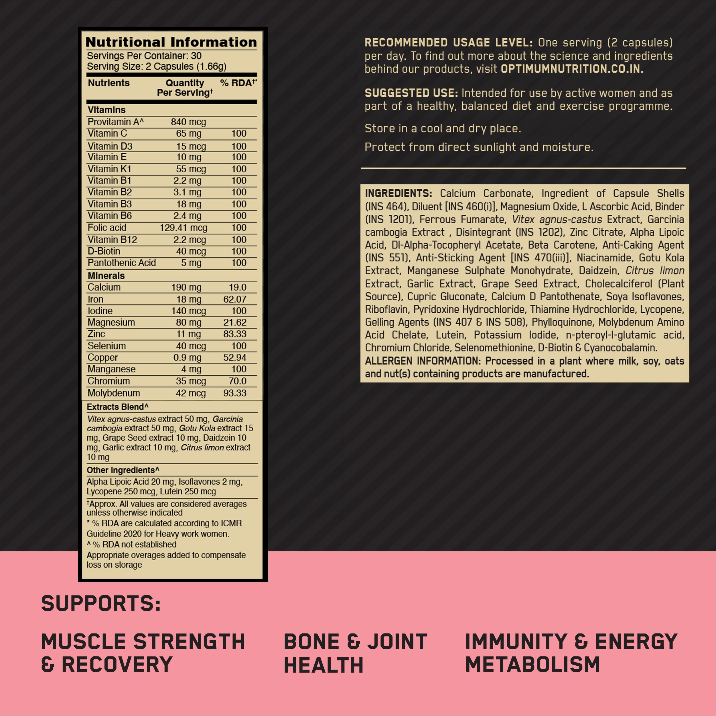 Optimum Nutrition (ON) Opti-Women Multivitamin Plus For Women | 60 capsules | 34 Performance Ingredients | Supports : Muscle Strength & Recovery, Joint & Bone Health, Overall Immunity & Energy, Healthy Metabolism | Designed in USA — Amazon image 8