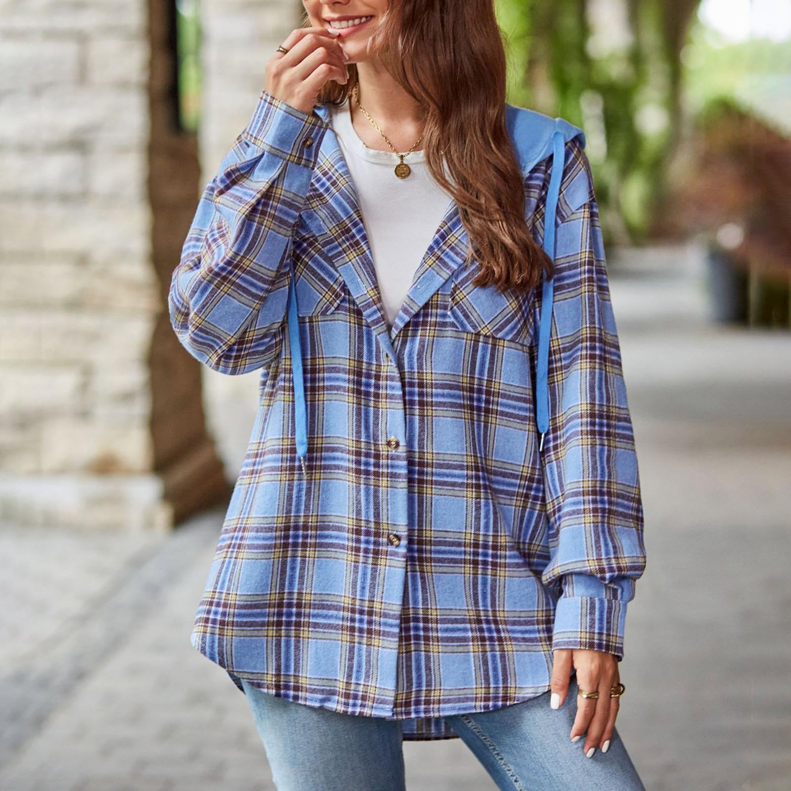 Hemdjacke Damen Kariert Übergangsjacke Leicht Herbstjacke Mit Knöpfen | Jacke Damen Mit Kapuze Mantel Frauen Patchwork Jacket Casual Jacken Mit Taschen Übergangsmantel Revers Mäntel Shacket