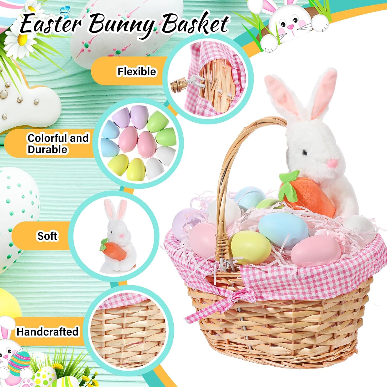 Easter Bunny Gift Basket, Include Wicker Basket with Liner Gingham, Easter Plush Bunny Rabbit, Easter Eggs, Raffia Paper Grass, Easter Gifts for Picnic Party Decoration(Pink)