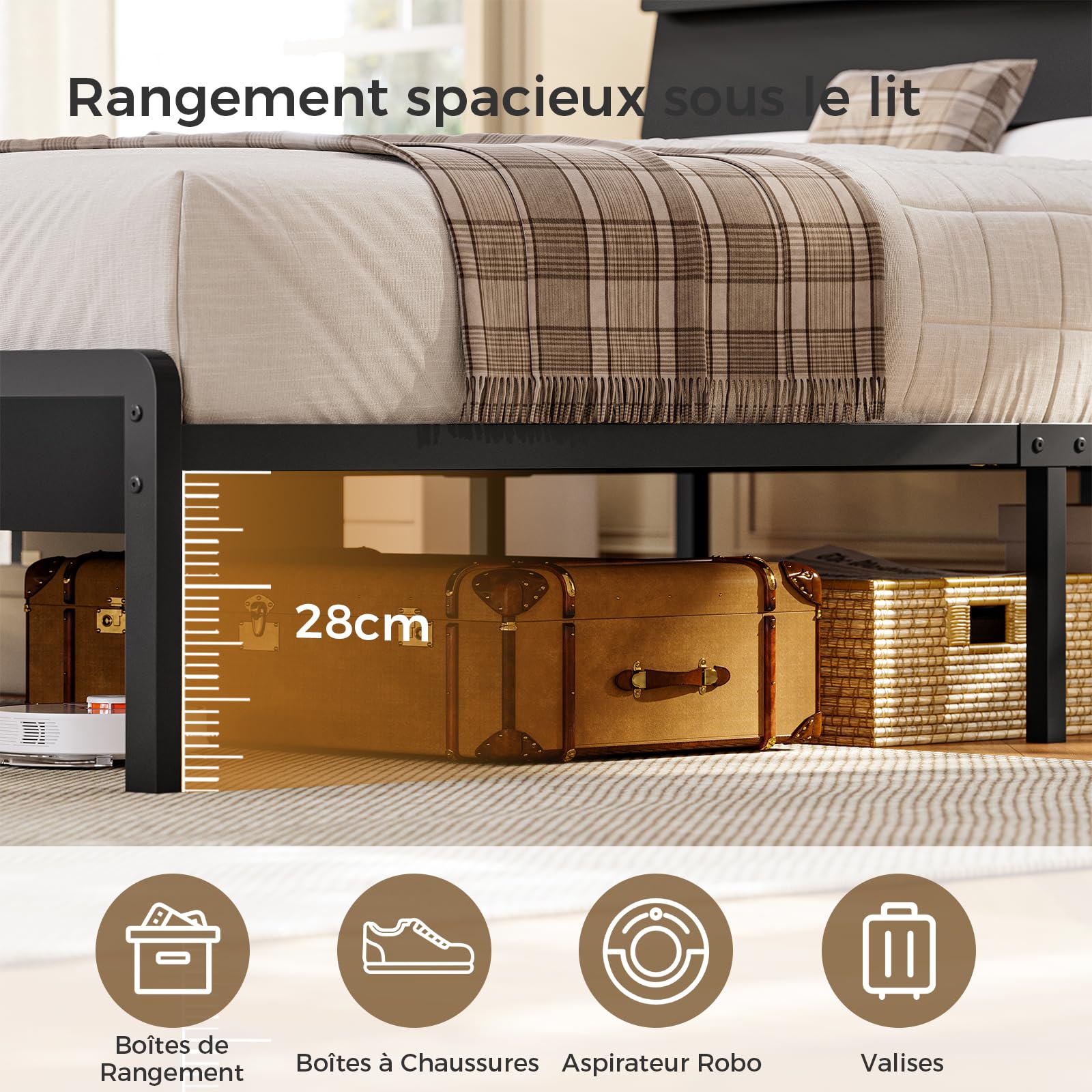 KIMENICH Lit 140x200 avec Sommier Métal, Lit Double avec 3 Rubans LED Réglables et Multiprise, Cadre de Lits avec Étagère Ouverte et Rangement sous Le Sommier 140x200, sans Matelas, Noir