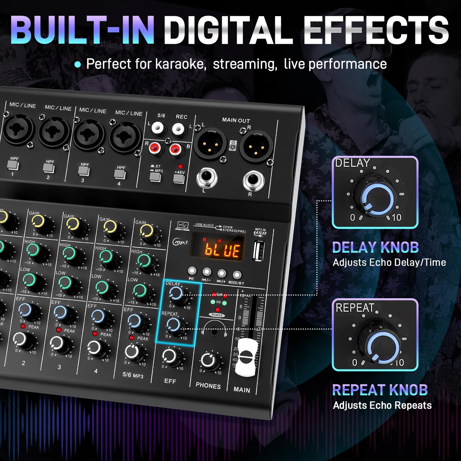 Mixer audio DJ a 6 canali con Bluetooth, scheda audio USB/MP3, effetti DSP integrati e alimentazione phantom 48V, console di mixaggio compatta per karaoke, podcast, live streaming e registrazione in