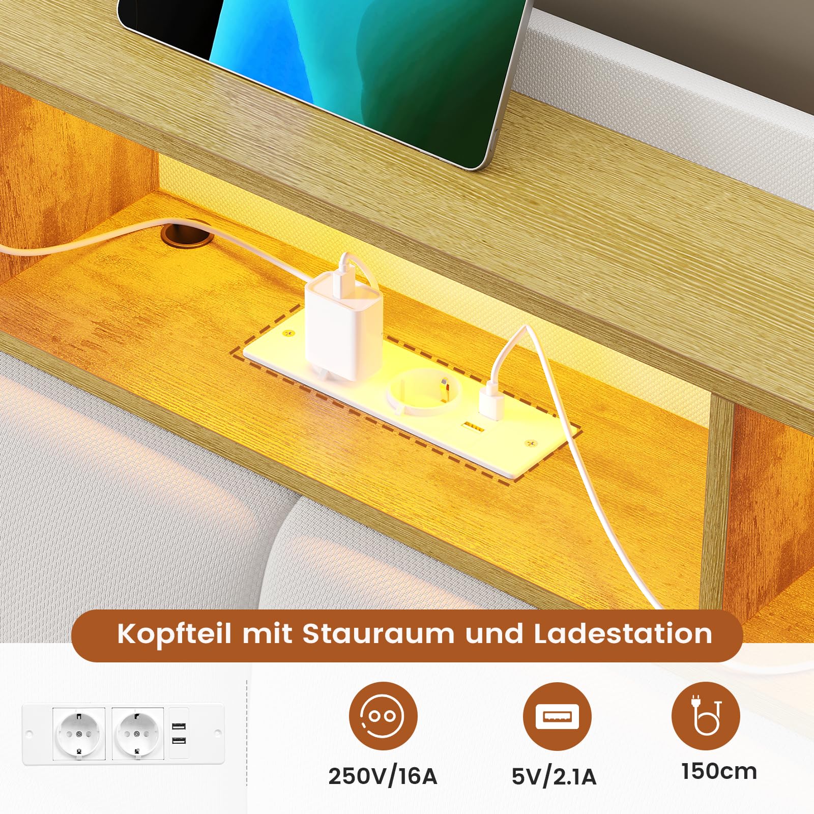 DICTAC Letto per ragazzi 90 x 200 cm, con illuminazione a LED e ciabatta, 90 x 200 cm, con vano testiera, telaio in lino, per adulti, 90 x 200 cm, con rete a doghe, porte USB e vano testiera, colore