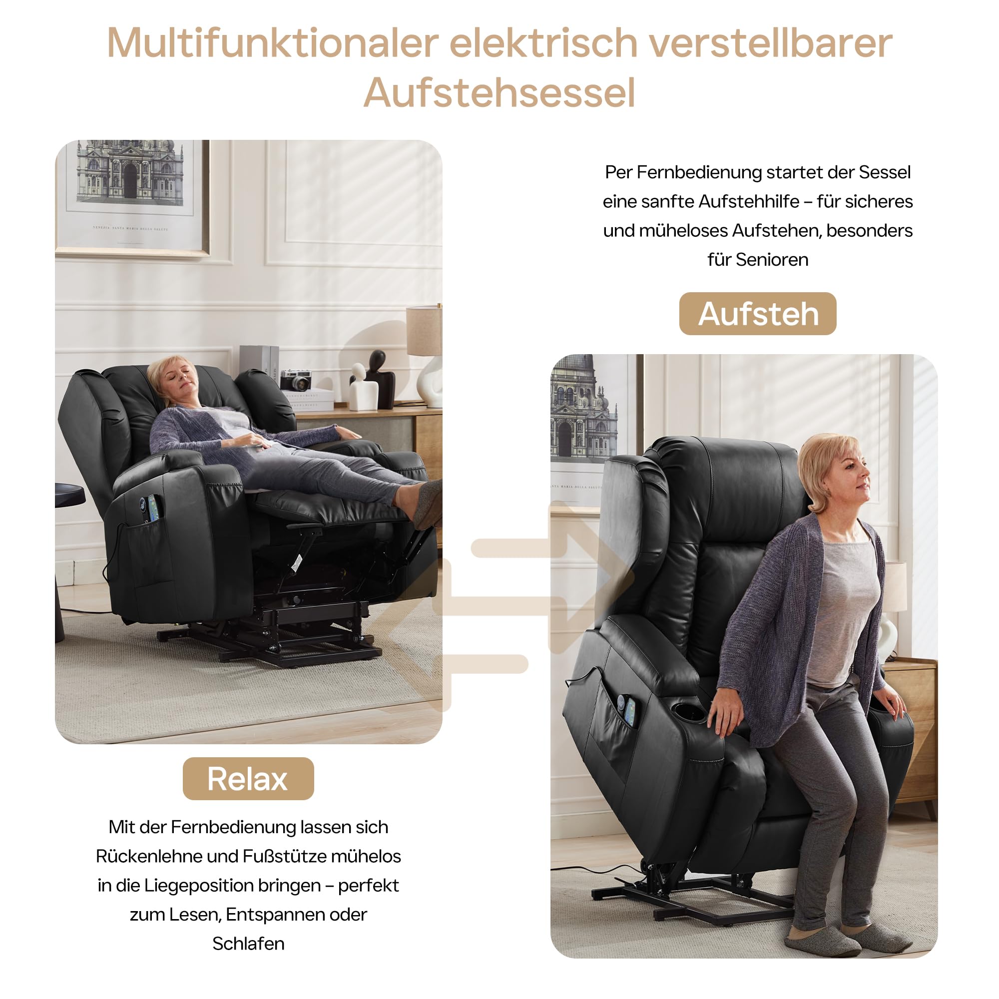 Elektrisch Verstellbar Relaxsessel Fernsehsessel mit Liegefunktion Aufstehhilfe, Kunstleder Seniorensessel TV Sessel Kinosessel mit Massage Heizung (Schwarz, 1 Aufstehsessel)