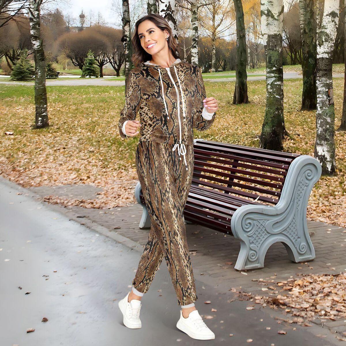 Conjunto deportivo de 2 piezas para mujer, estampado de piel de serpiente, conjunto deportivo de manga larga con estampado de piel de leopardo