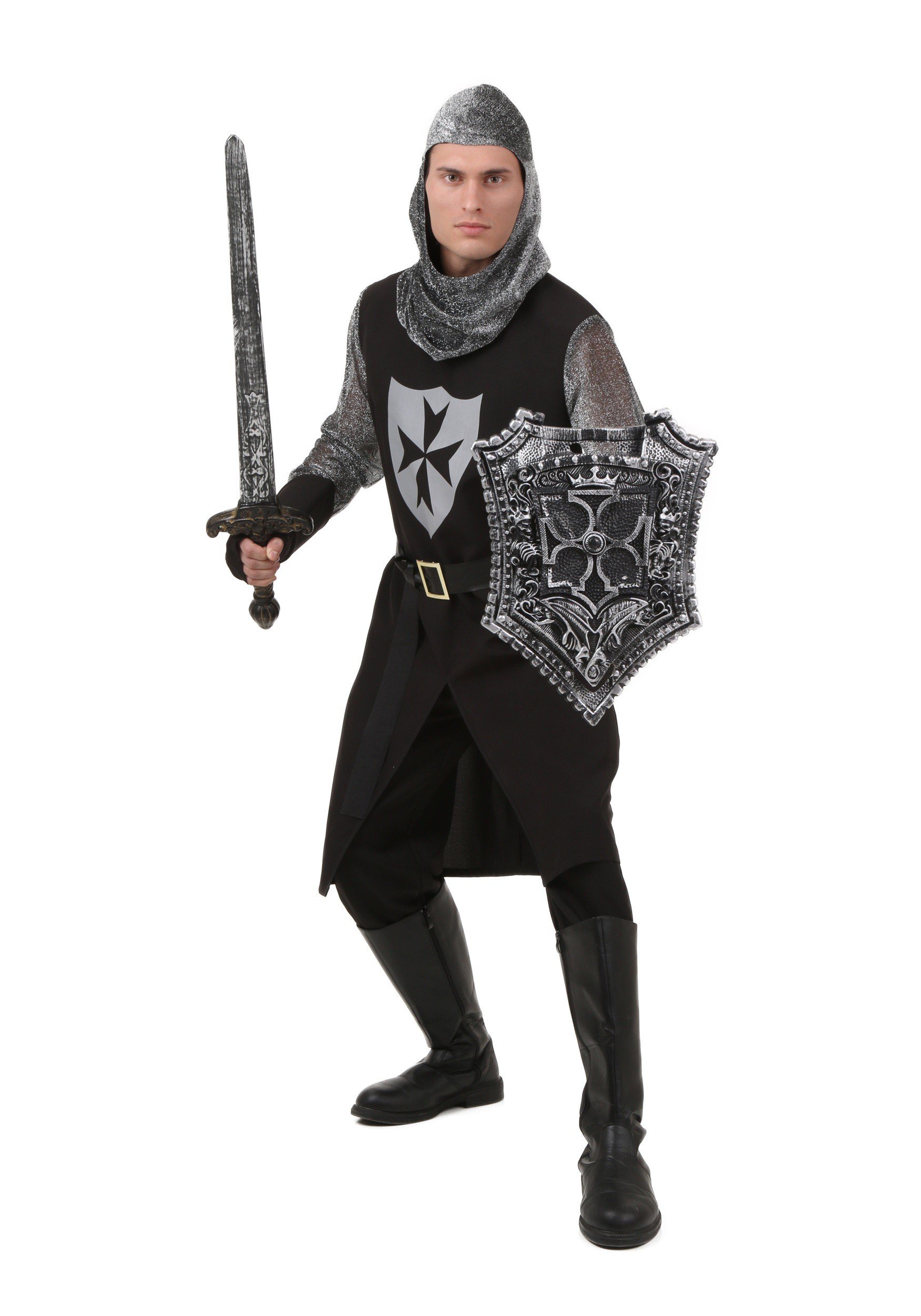 Plus Size Men's Black Knight Costume - Tunic with Shield, Hood, Belt, and Gloves