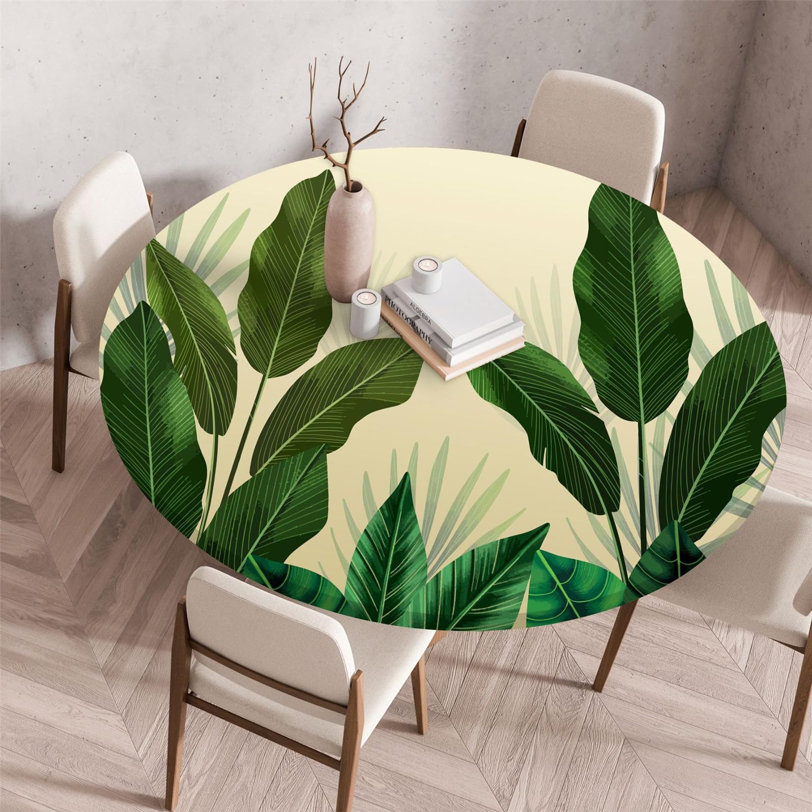Odot Elastic Edged Round Fitted Tablecloth Protector Green Plants Print Wipeable Circle Tablecloth Indoor Outdoor Table Cover Wipe Clean for Kitchen Picnic Dining Room Tabletop (110cm,Yellow)
