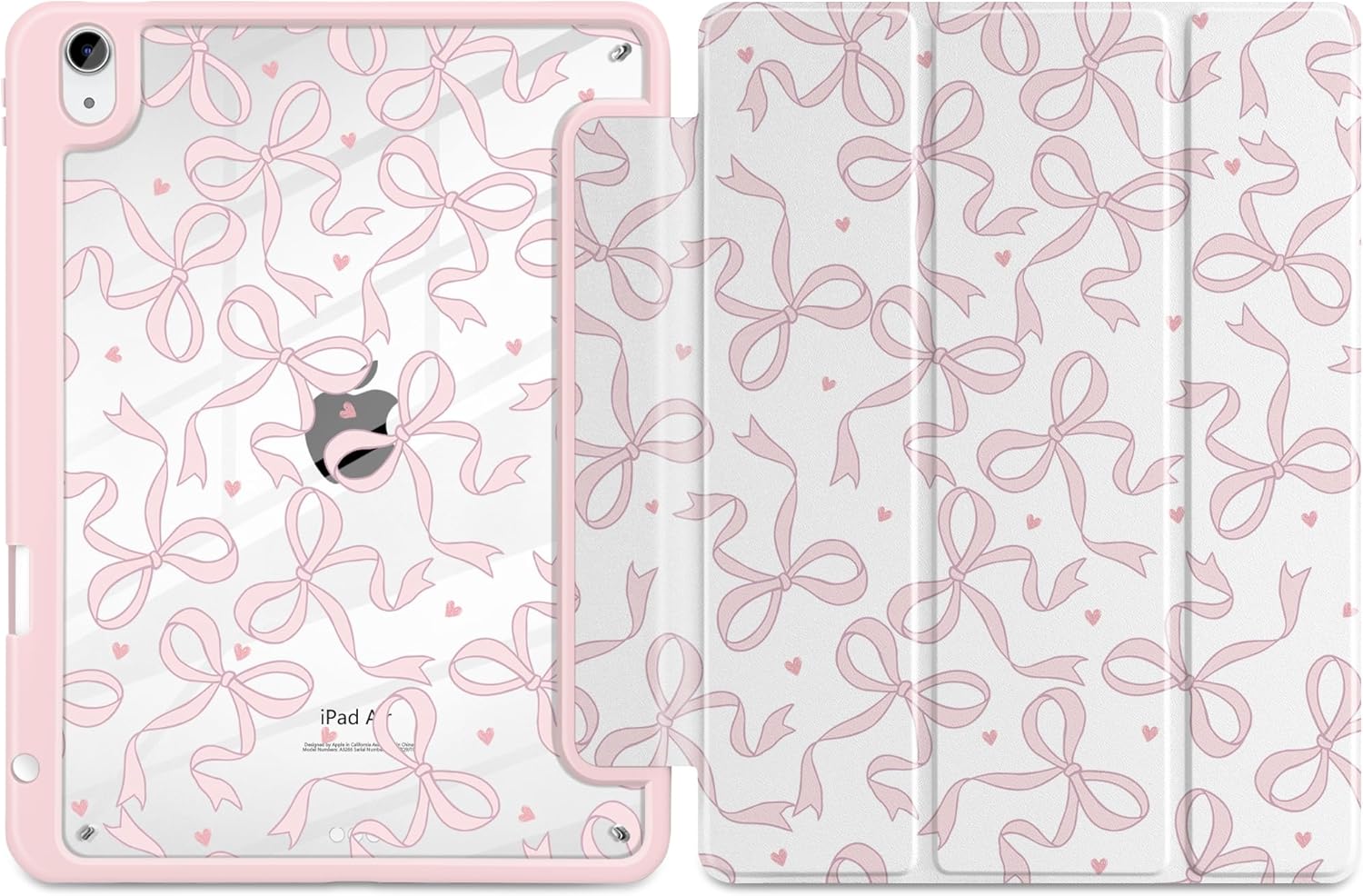 TWOLSKOO Case for iPad Air 11-inch (M4 2026 / M3 2025 / M2 2024), Clear Acrylic Back with TPU Bumper, Pencil Holder, Trifold Stand, Auto Sleep/Wake, Pink Bows