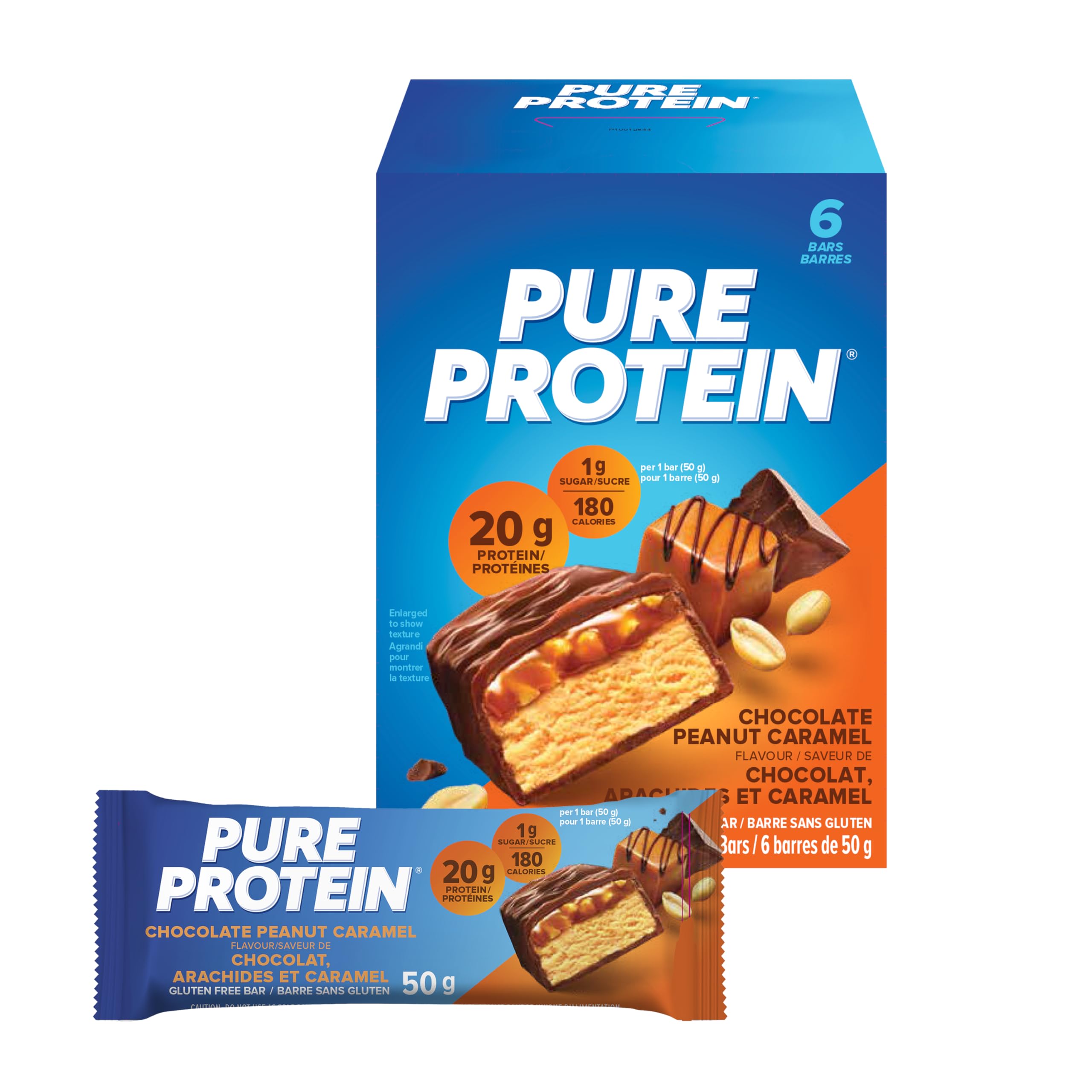 Pure Protein Bars - Nutritious  Gluten Free bar  made with Whey protein blend - low sugar  protein snack. Deliciously satisfying. Made in Canada  Chocolate Peanut Caramel (Pack of 6)