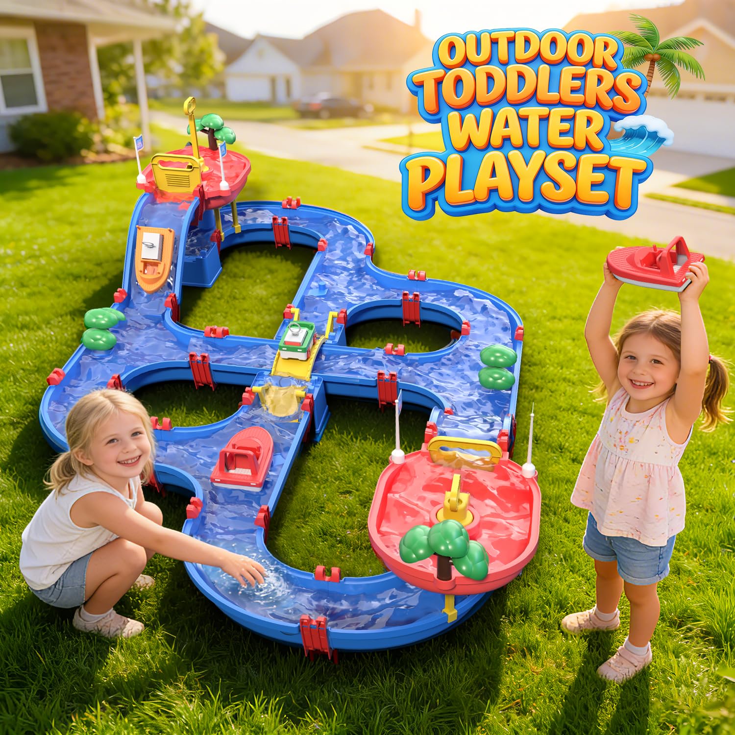 VATOS Kinder-Outdoor-Wasserräder-Spielzeug, 120 Stück, DIY-Wassertisch, Strandspielzeug auf Hinterhof, Rasen, Park, Pool, Wasserstraße, Spielzeug mit 2 Booten, Sommer-Outdoor-Aktivitätsfuns für