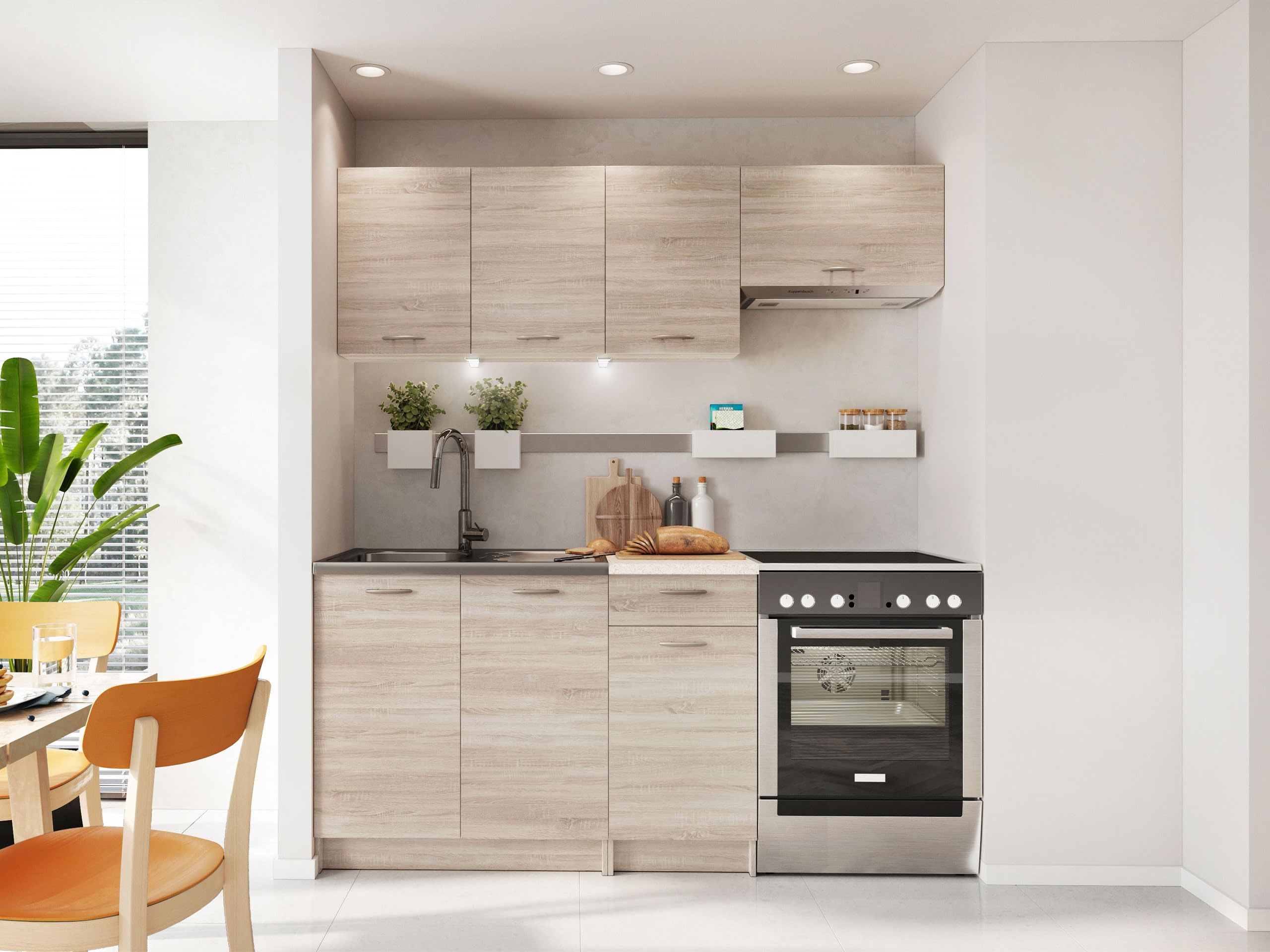 Cuisine Mela 180/120 cm Bloc de cuisine 5 modules d'armoire combinables librement (chêne Sonoma / Petra beige, avec éclairage LED)