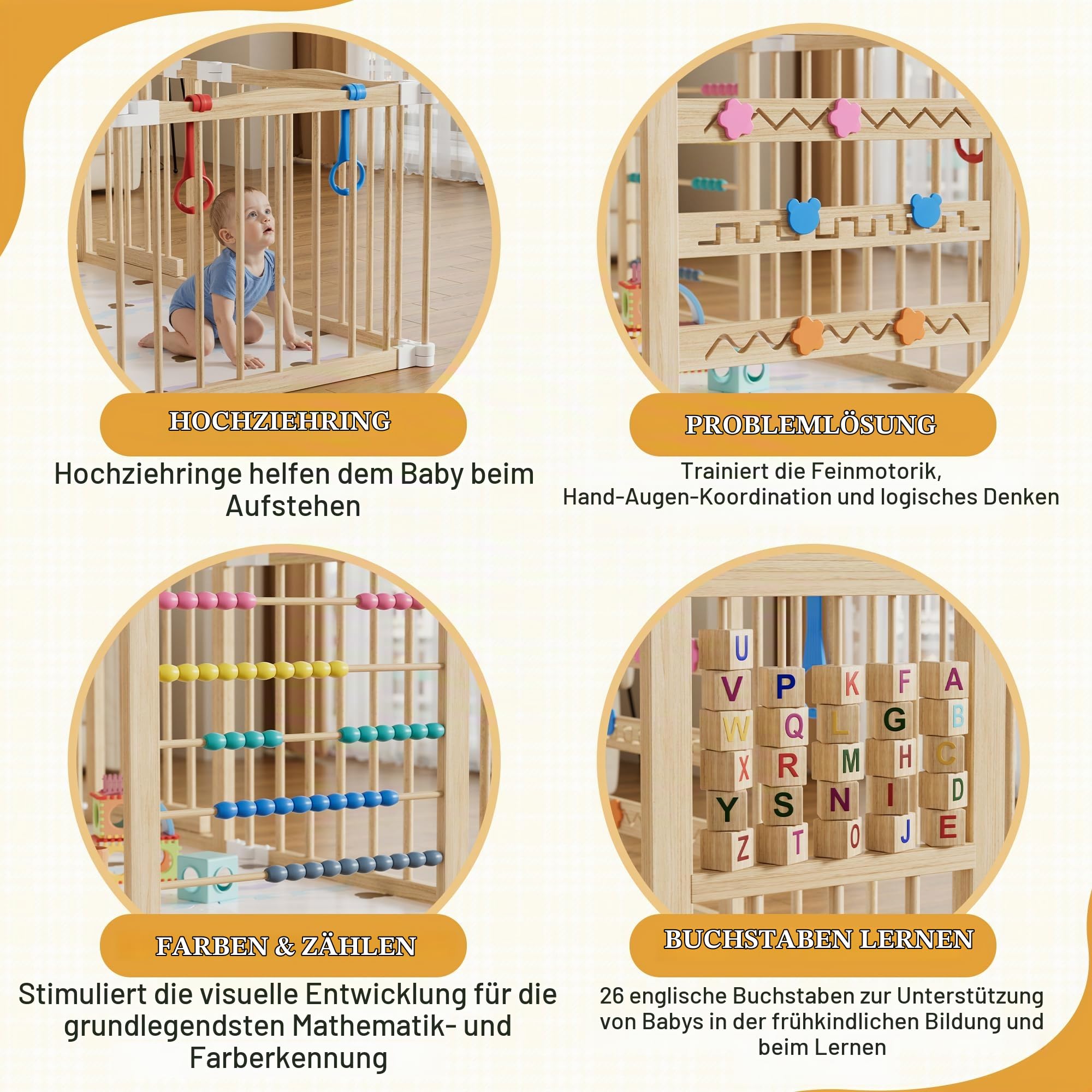 MSFE Laufstall Baby Faltbar Holz,8 Paneele Wooden Baby Playpen Verstellbare Multi-Shape & Größe mit Tür,Sicherheitsverschluss und Spielpaneelen für Wohnzimmer,Schlafzimmer und Kindergarten