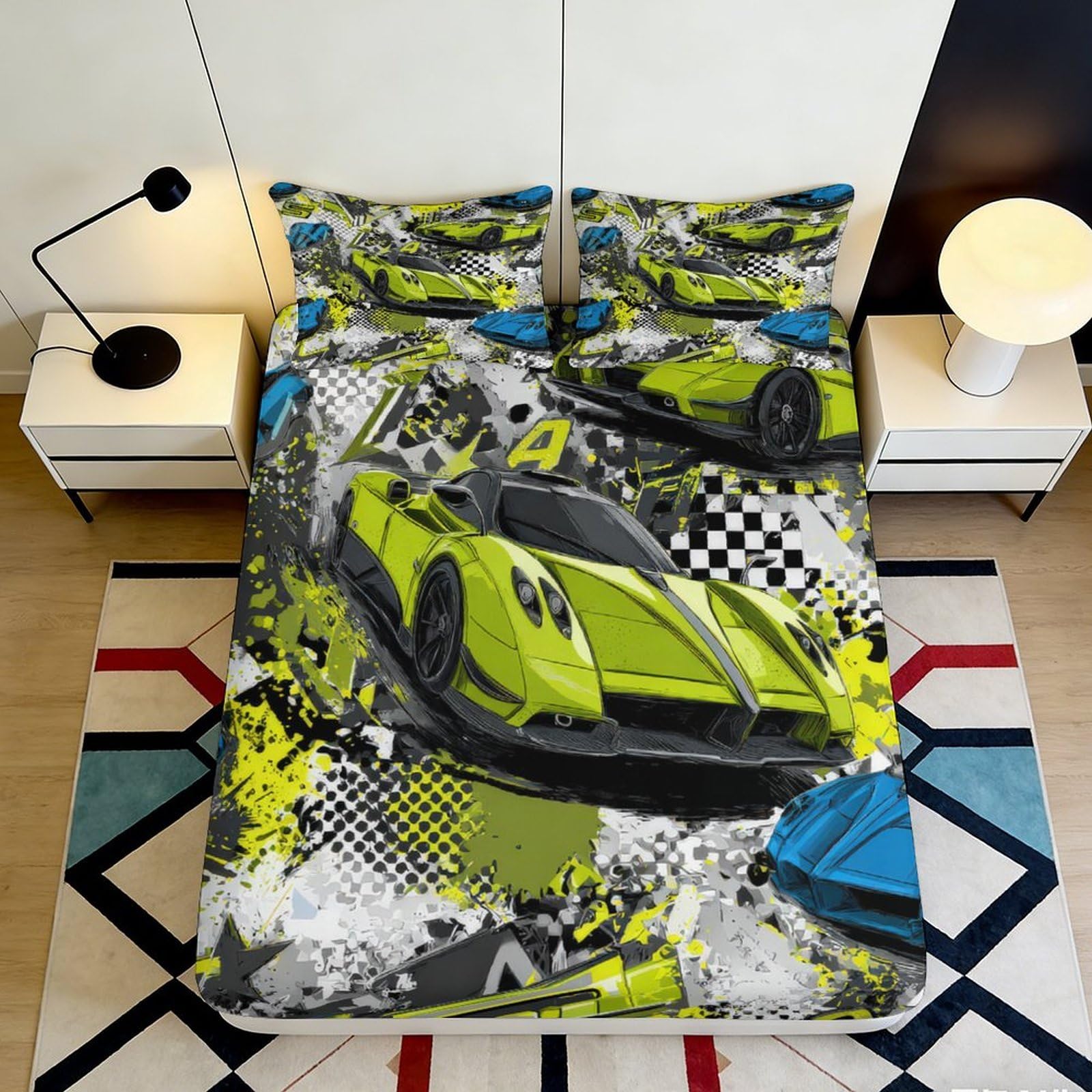 Wtorimpel Style-3 3D Printed Racing Fitted Sheet Microfiber Breathable Deep Pocket Non-Slip Car Theme Mattress Fitted Cover For Bedroom Adults Teens 140X200x25cm