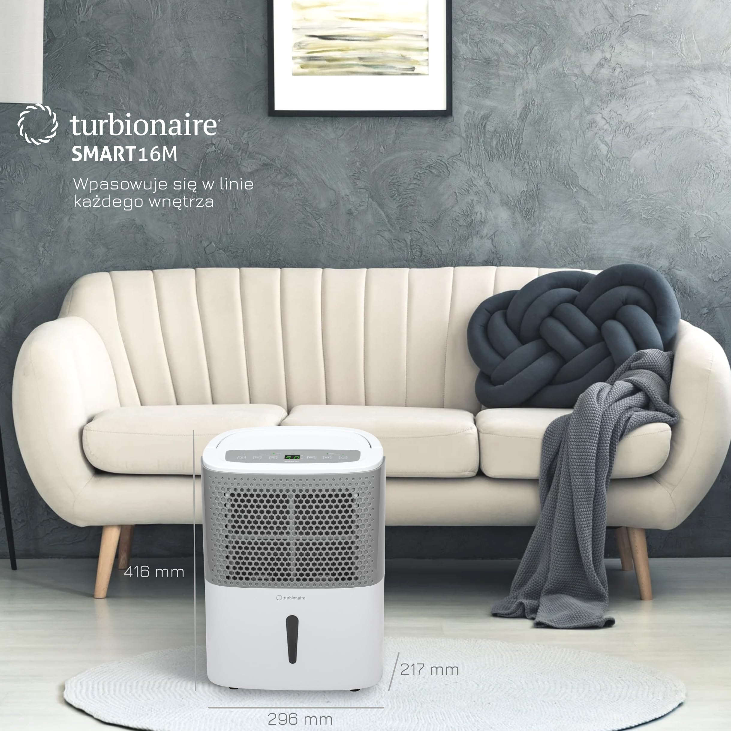 Turbionaire Smart 16M Przenośny osuszacz, 16L / 24h, 120 m³ / h, Cichy 40 dB, max 250 Watt, do pomieszczeń do 65 mc, Filtr przeciwpyłowy, Wbudowany higrostat
