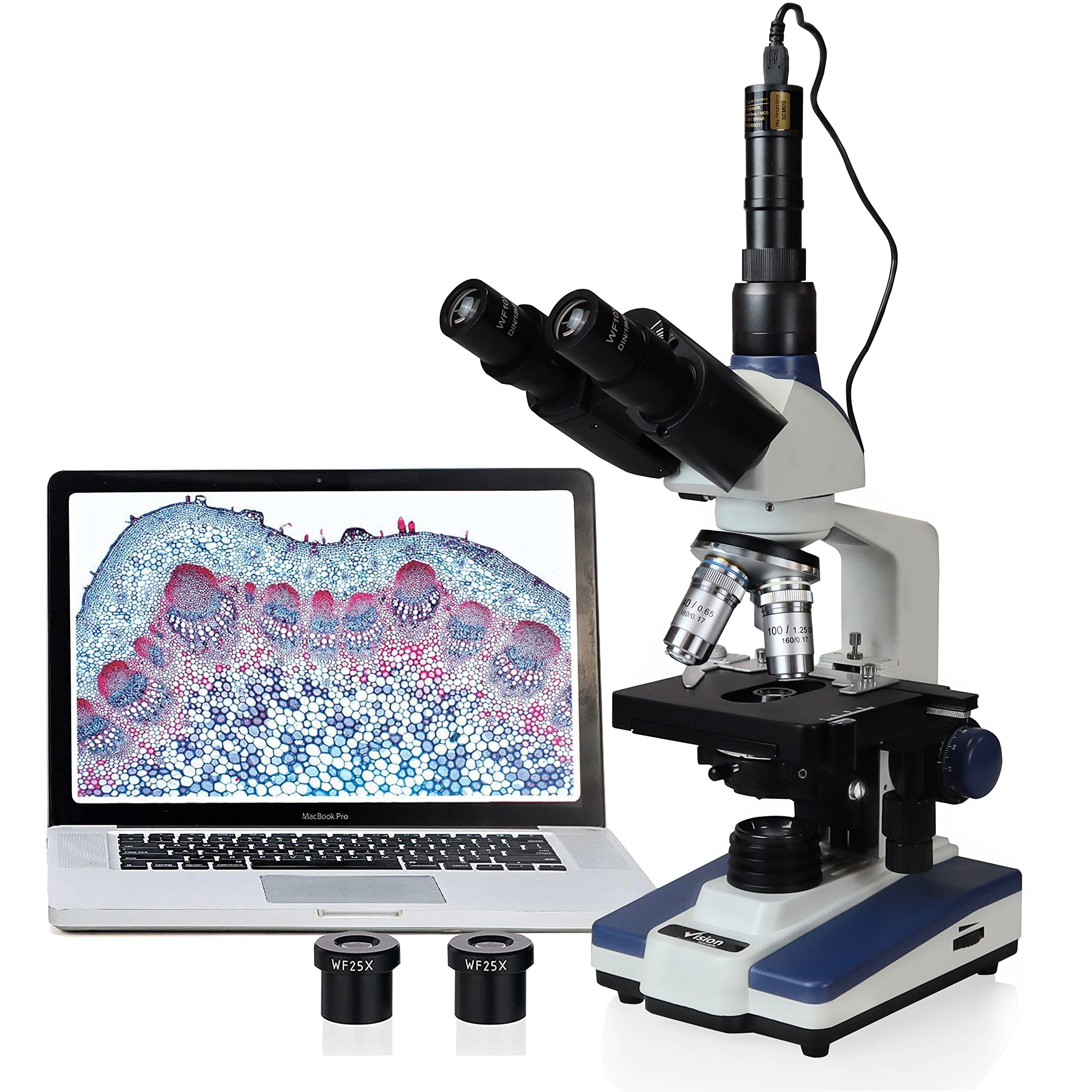 VS-60T-RC-DT1.3 Siedentopf Trinocular Compound Microscope, 40X-2500X Magnification, WF 10X and 25X Eyepieces, Double-Layer Mechanical Stage, LED Illumination, 1.3MP Digital Camera