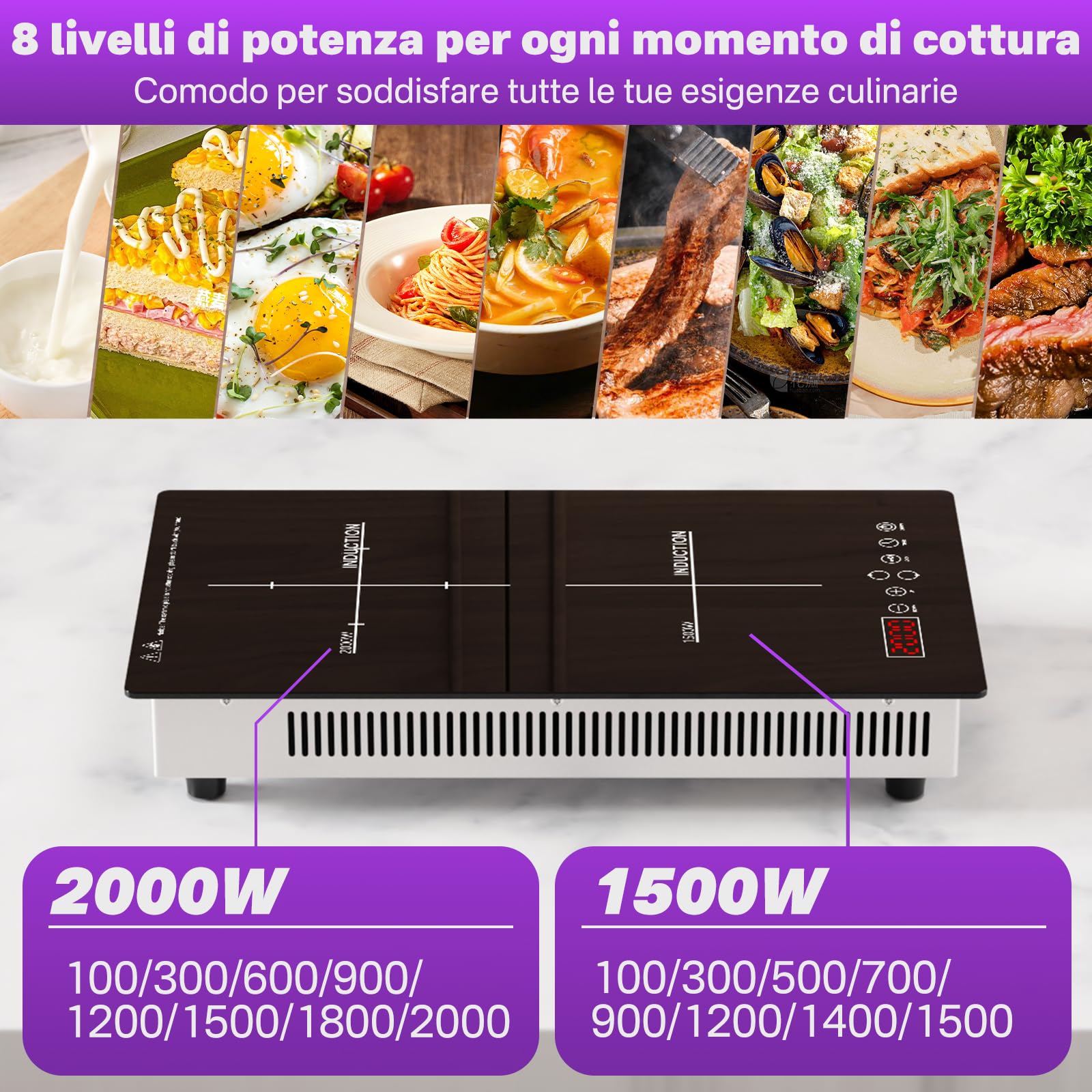 Piano Cottura a Induzione Doppio, 3500W Cucina Elettrica Portatile 2 Zone 2000W+1500W, 8 Livelli di Potenza, Timer, Blocco Bambini, Da Incasso o Da Appoggio 220-240V