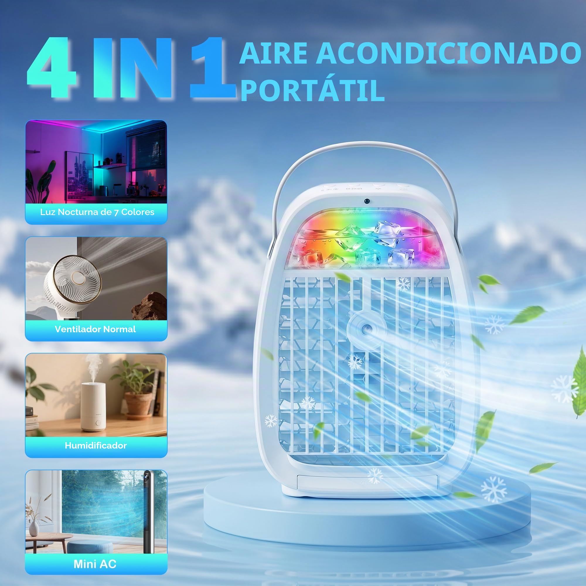 Mini Aire Acondicionado Portátil 1100ML, Enfriador de Aire 4 en 1 con Mando, 3 Velocidades, 2 Modos de Nebulización, Temporizador 1-4H, 7 LED, Ventilador Enfriador para Habitación Dormitorio Oficina