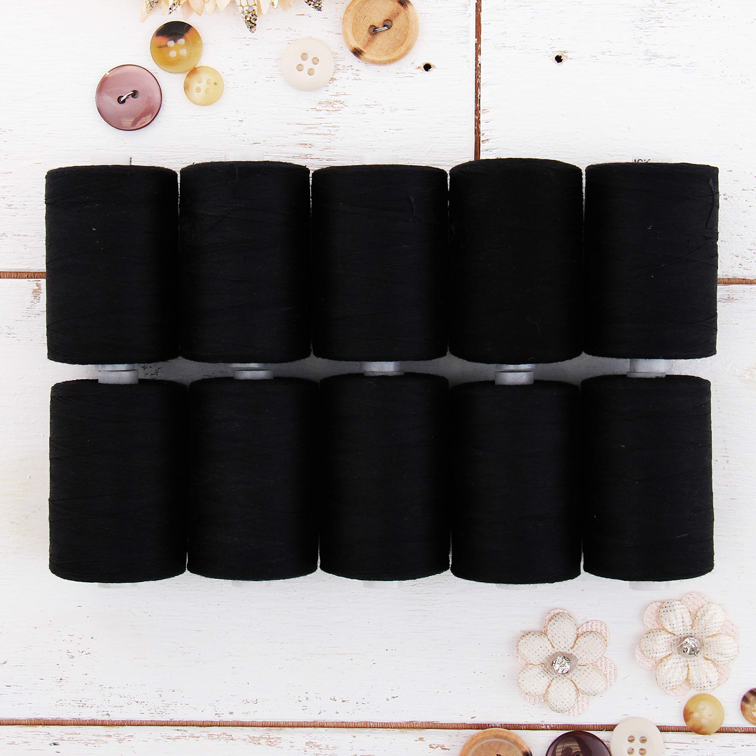 Threadart 100% Cotton Thread Set | 10 Black Spools | 1000M (1100 Yards) Spools | For Quilting & Sewing 50/3 Weight | Long Staple & Low Lint | Over 20 Other Sets Available
