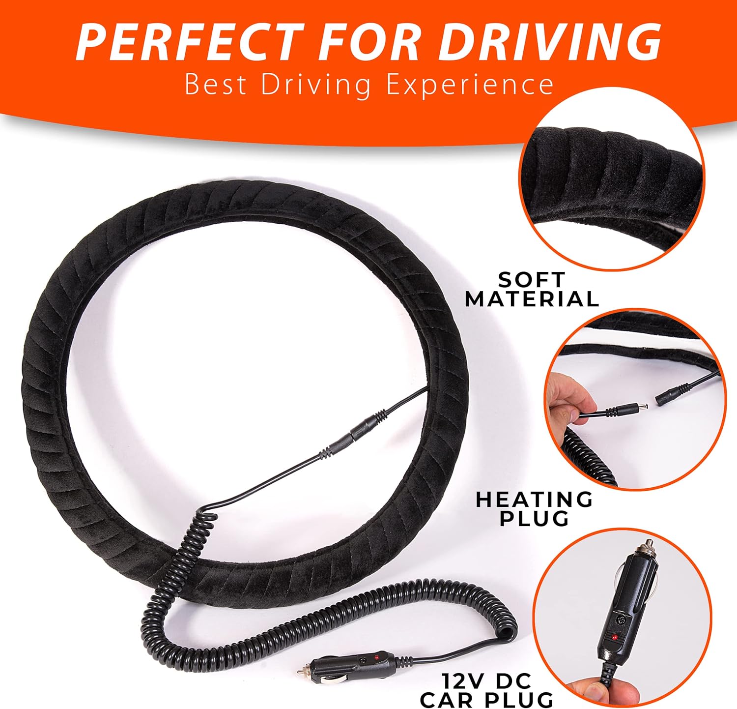 Person installing the ZONETECH heated steering wheel cover onto a car's steering wheel.