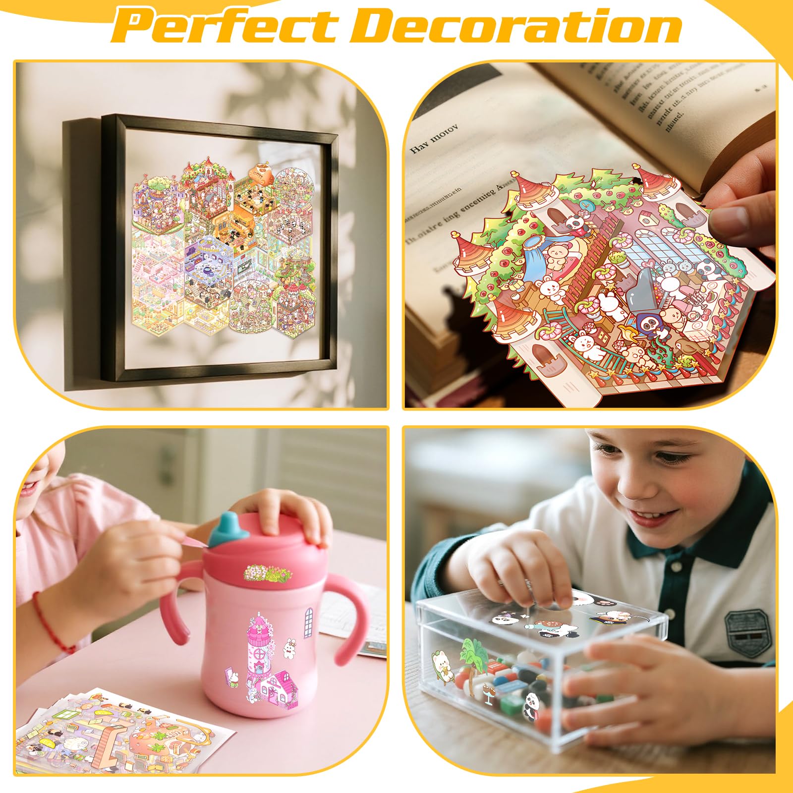20Pcs DIY 3D House Stickers Kit Age 3-8 3D Miniature Scene Therapy for Kids 4 5 6 7 8 Year Old Stress Relief Sticker Scenes with Tweezers Creative Reusable DIY Sticker Therapy Kit for Age 3+ (Pink) - Image 4