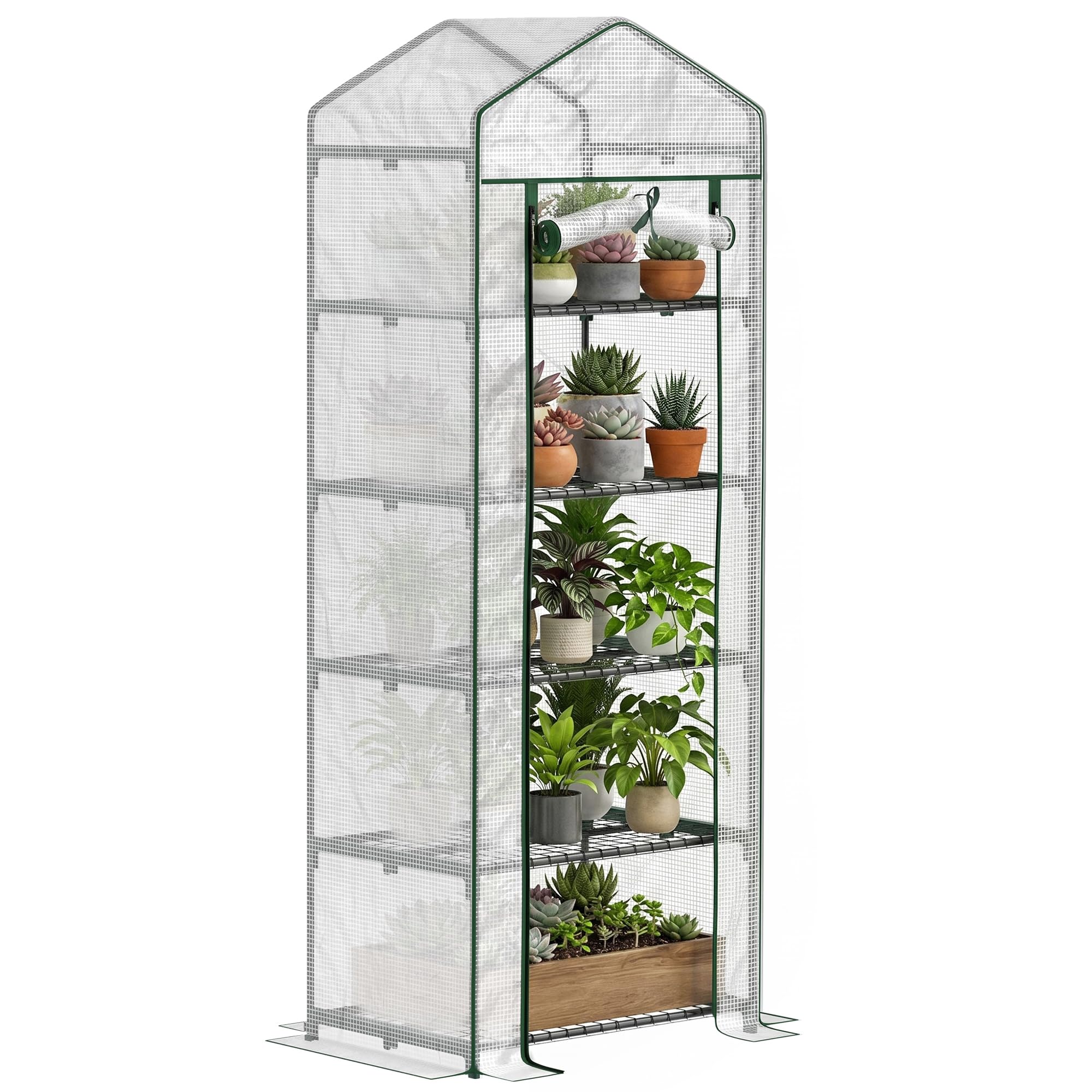 Outsunny 5 Tier Mini Greenhouse, Portable Greenhouse with Reinforced PE Cover, Garden Grow House with Roll Up Door and Shelves, 69 x 49 x 193cm, White/Green
