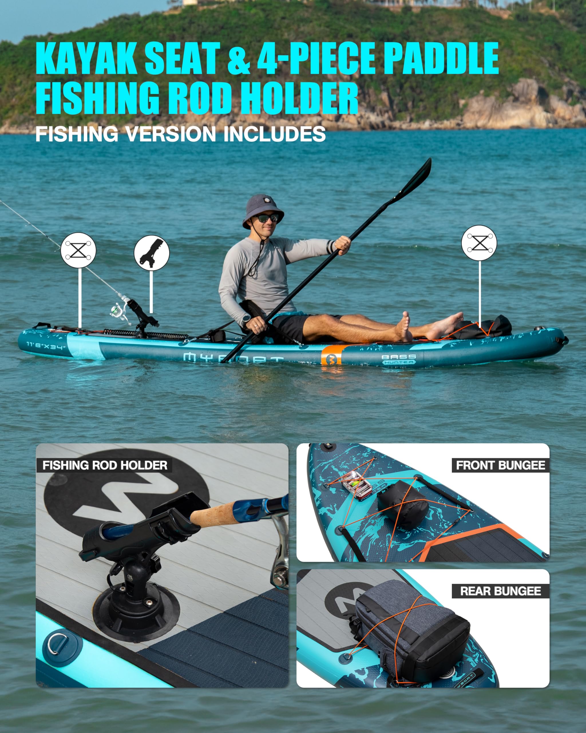 MYBOAT 11'6''×84''×6'' Bardzo szeroka nadmuchiwana deska do wiosłowania, deska SUP z 3 zdejmowanymi płetwami, podwójne bungee, uchwyt na aparat, pompka ręczna, mocne wiosło, sucha torba 5 l, smycz