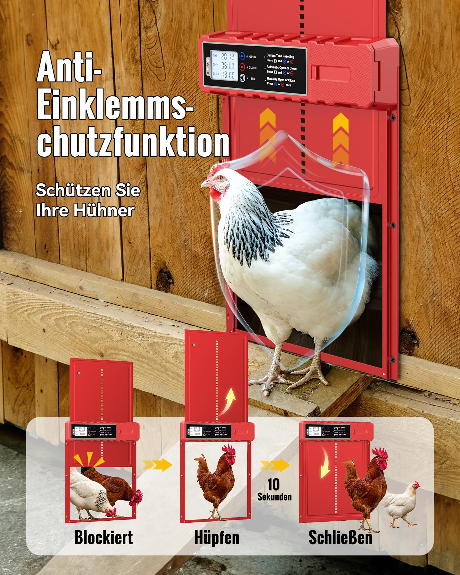 Automatische Hühnerklappe Solar in XL großer Größe 27,5 x 36 cm, Rote Hühnerstall mit USB-C-Ladung und 3 Modi, Antiklemmschutz und Wetterfestem Aluminiumlegierung