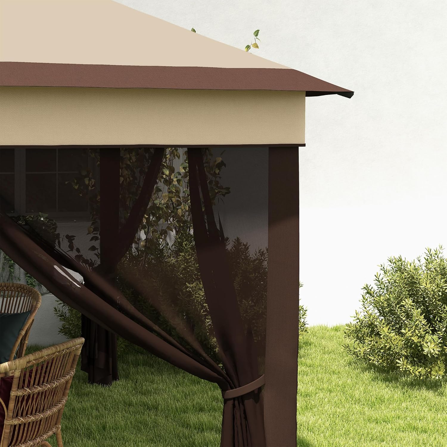 Close-up image of the gazebo's mosquito net side wall, showing the fabric and how it can be tied back.
