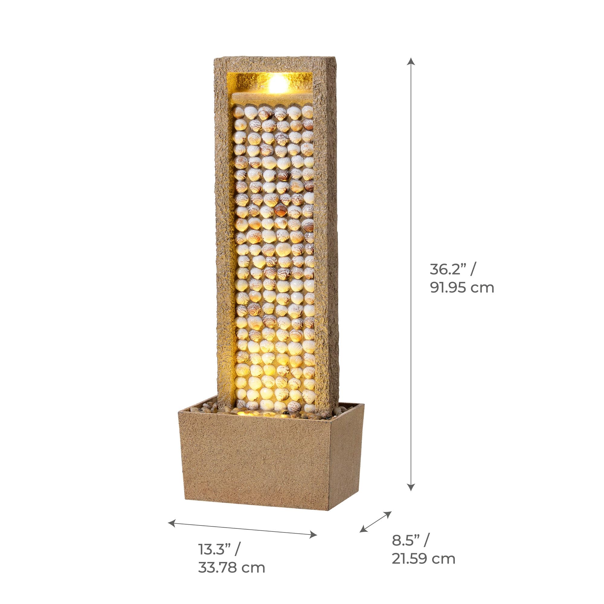 Teamson Home Garten Outdoor Brunnen Hoher Wasserfall mit warmen LED-Lichtern, Coastal Seashell Design, Robustes Polyresin, braunes Finish