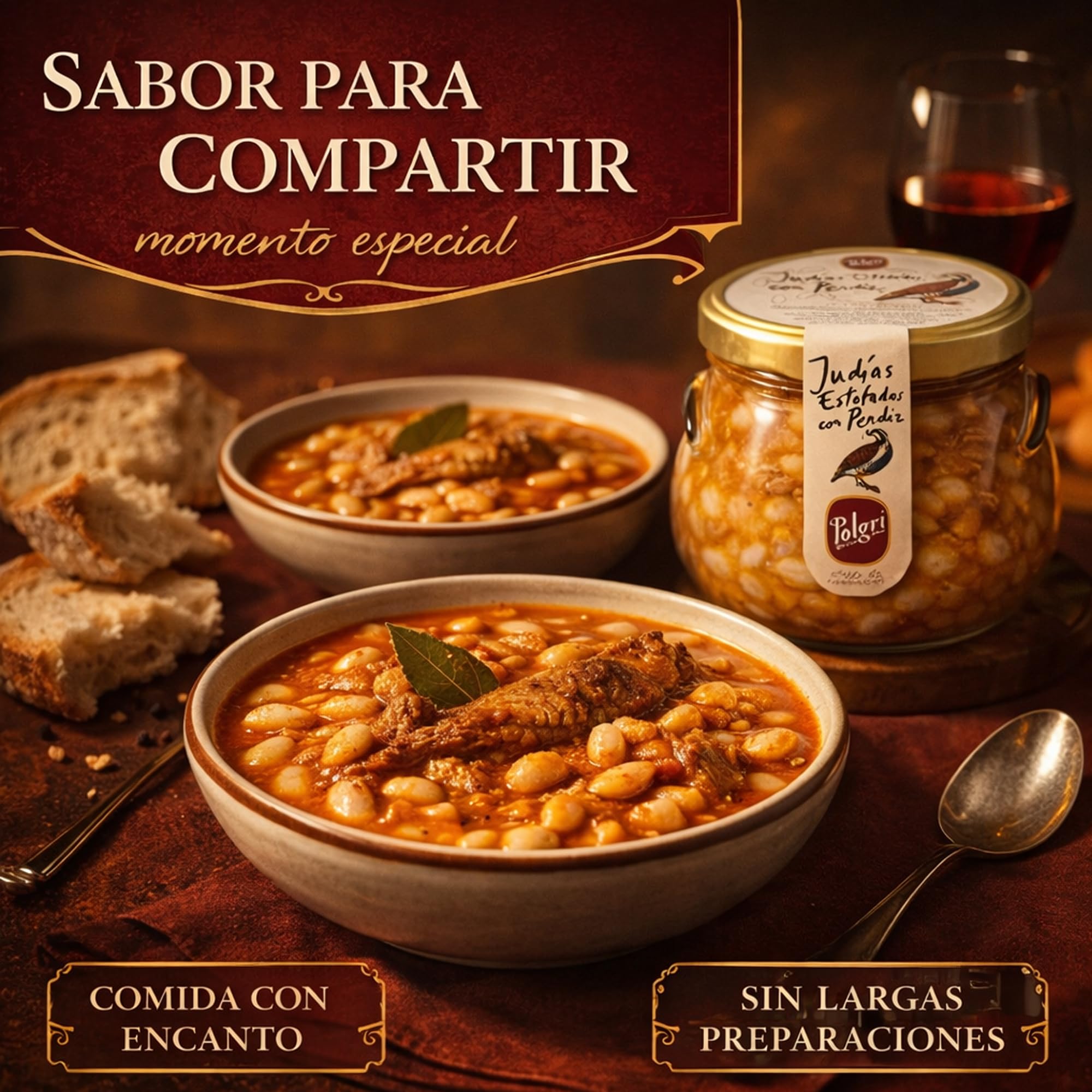 POLGRI Judias Estofadas con Perdiz Gourmet AOVE 640 ml Tarro de Cristal Comida Preparada
