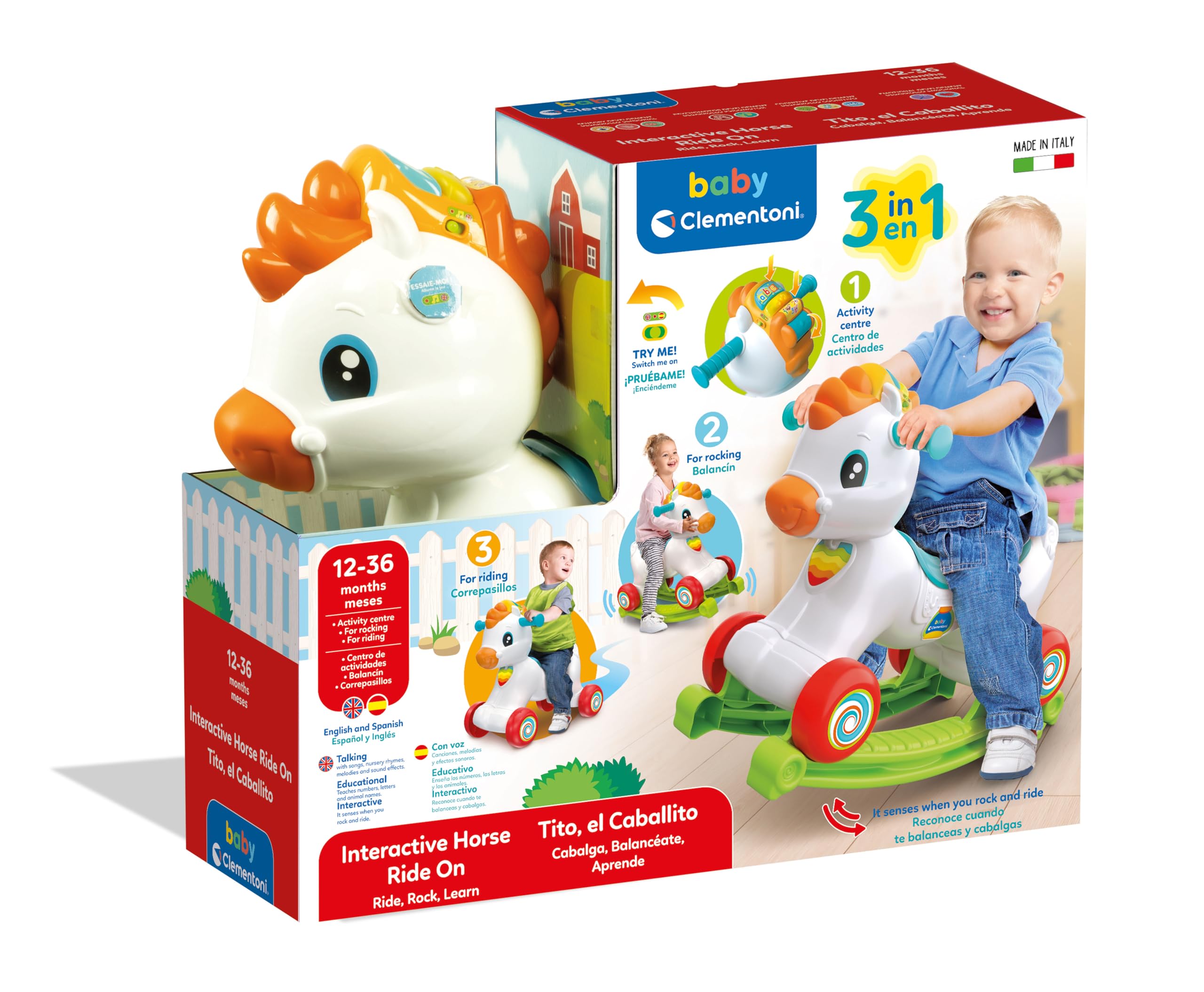 Clementoni 61556 Tito Cheval à Bascule avec Musique Chiffres Lettres pour Bébés 12 Mois