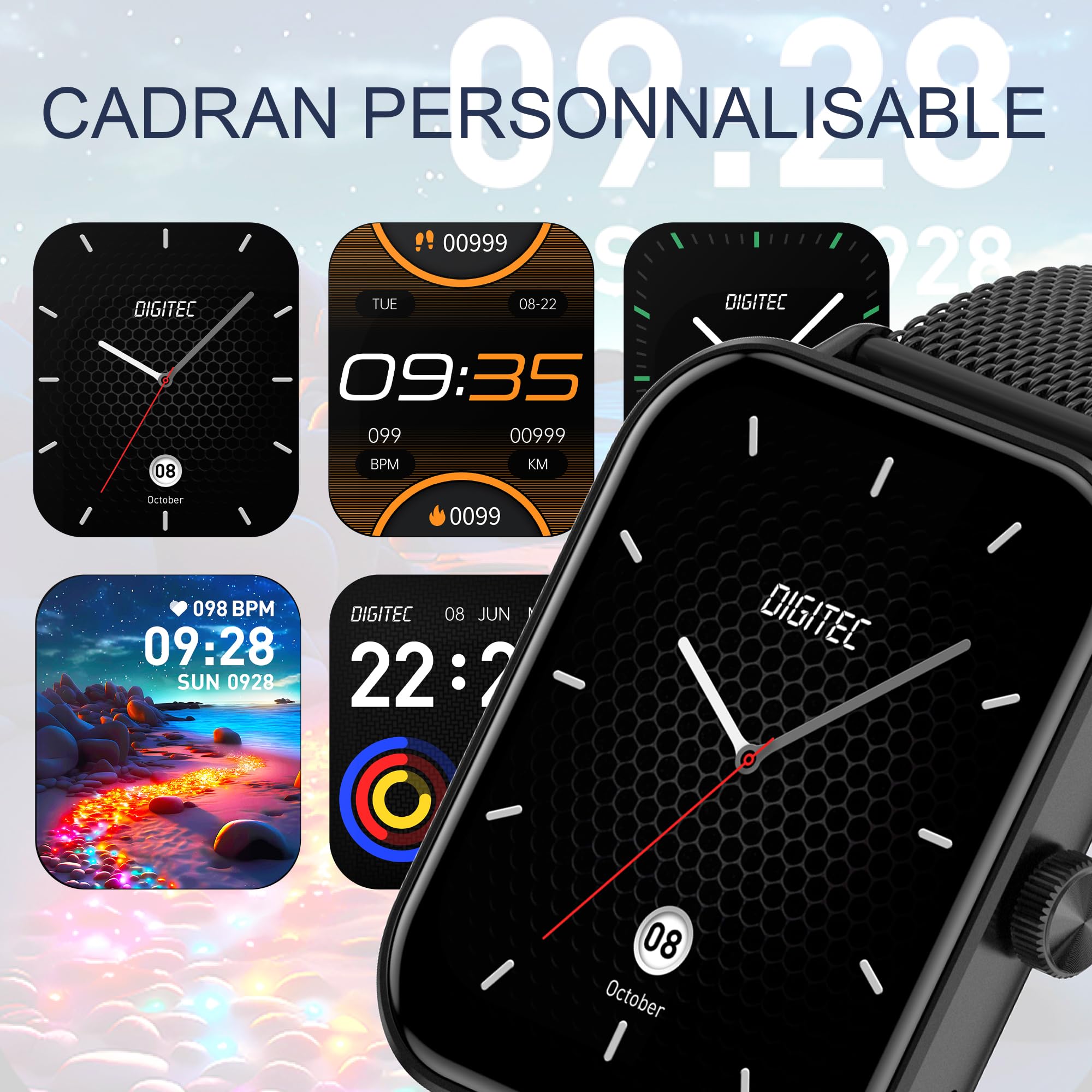 Digitec Montre connectée Square Noire avec Bracelet en Maille milanaise Noire, Homme Femme, Suivi activité et Sommeil
